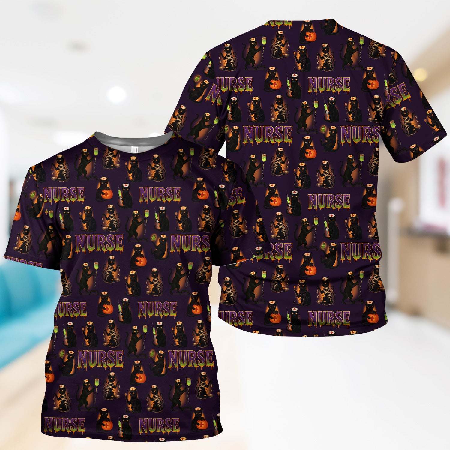Halloween Nurse Scrub Top for Women - Cute Black Cat and Pumpkin Medical Design - Spooky Gift for RN LPN CNA