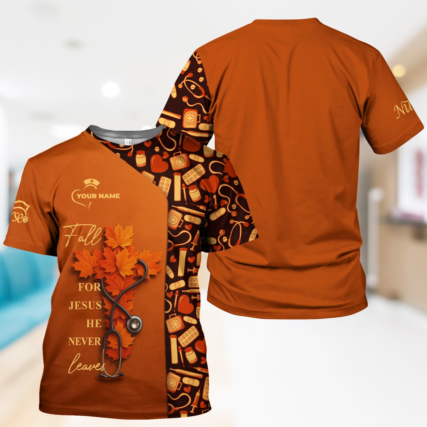 Custom Christian Nurse Scrub Top - Fall For Jesus He Never Leaves - Gift for RN LPN CNA Healthcare Workers
