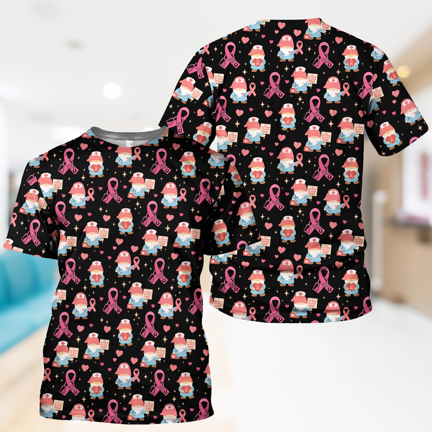 Breast Cancer Awareness Nurse Scrub - Pink Ribbon Nursing Top with Gnome - Gift for Healthcare Workers RN LPN
