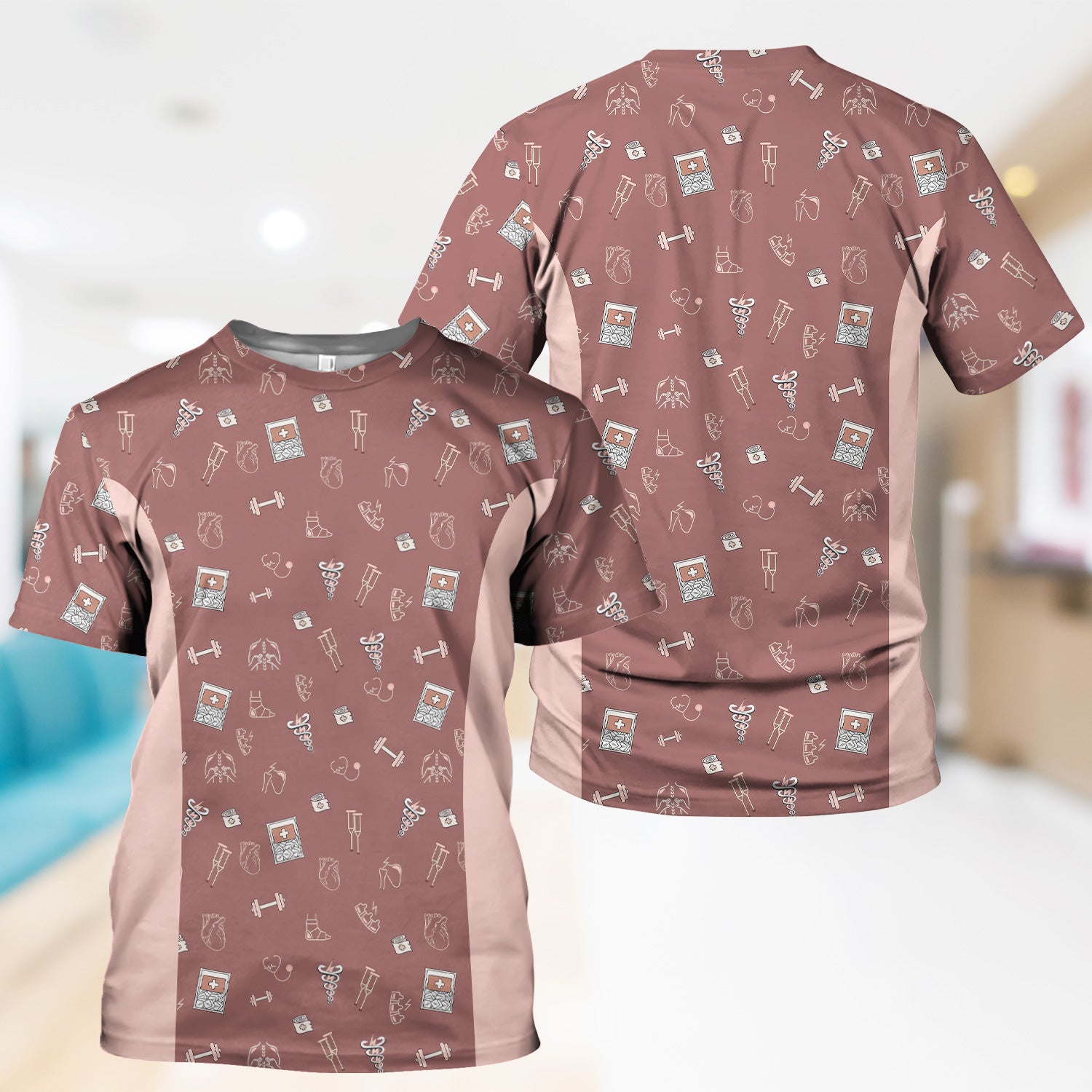Funny Nurse Fitness Shirt - All-Over Print Medical & Gym Icons Graphic Tee - Gift for RN LPN CNA