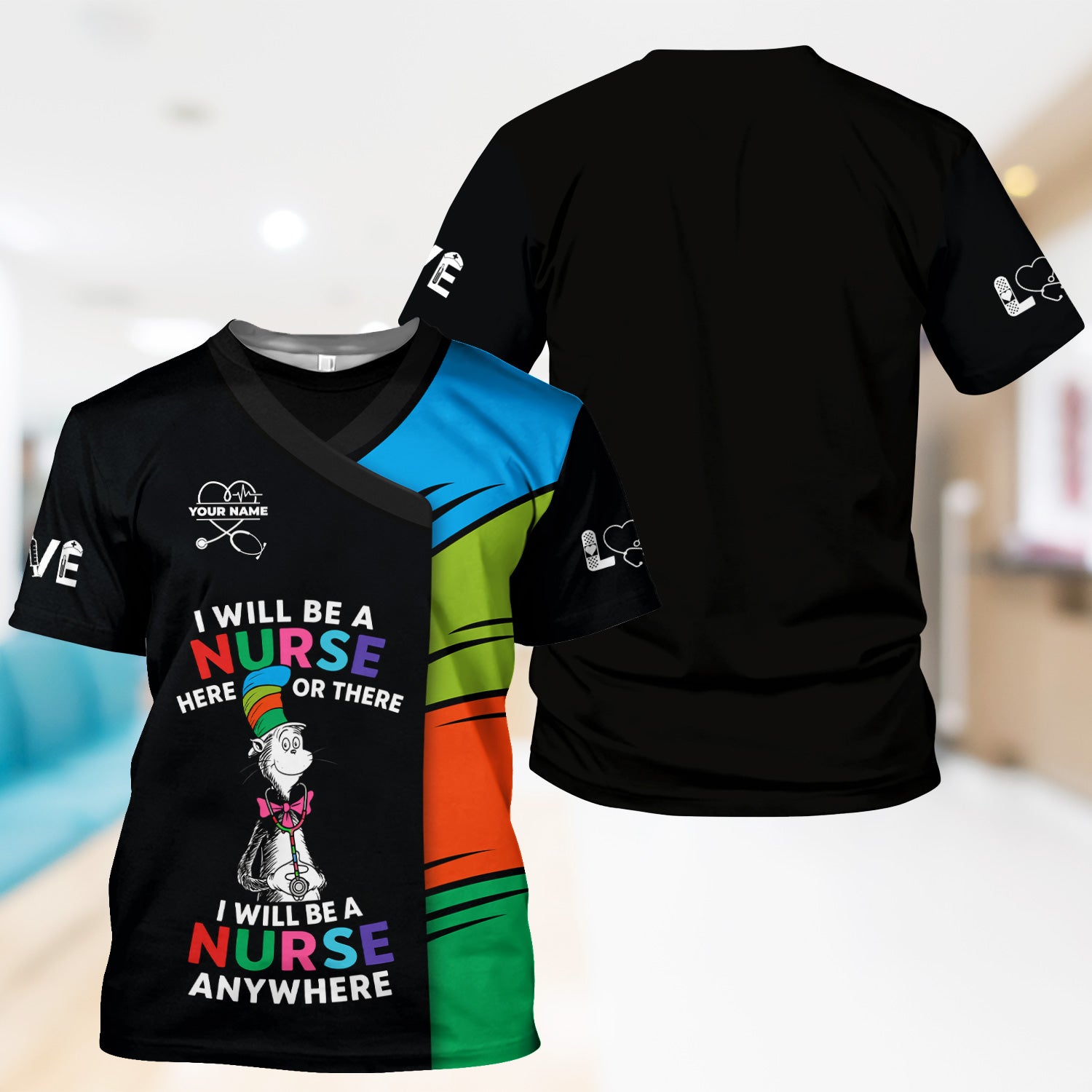 Personalized Funny Nurse Scrub Top - I Will Be A Nurse Anywhere Rhyming Quote - Gift for Women RN LPN & Nursing Students