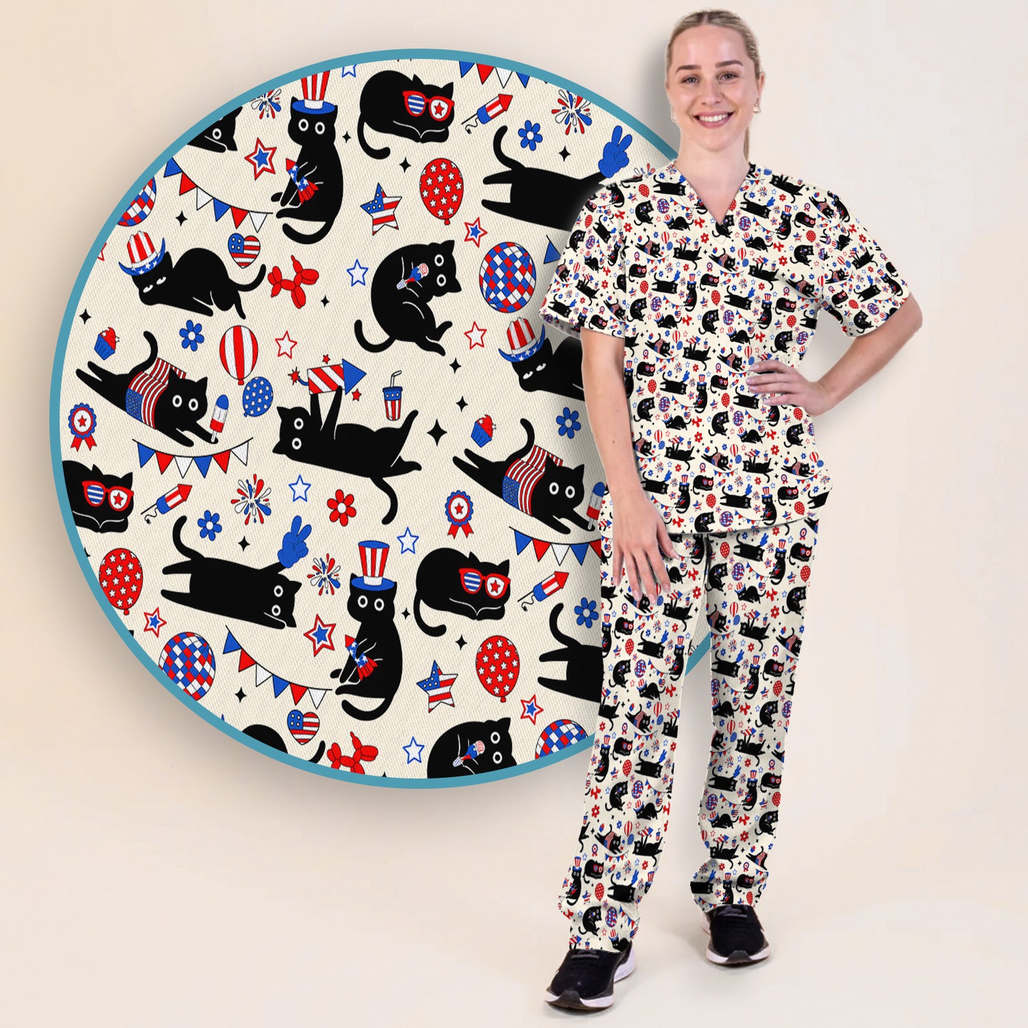 Patriotic Black Cat Nurse for RN, CNA Scrub Set, Scrub Pants and V Neck Top
