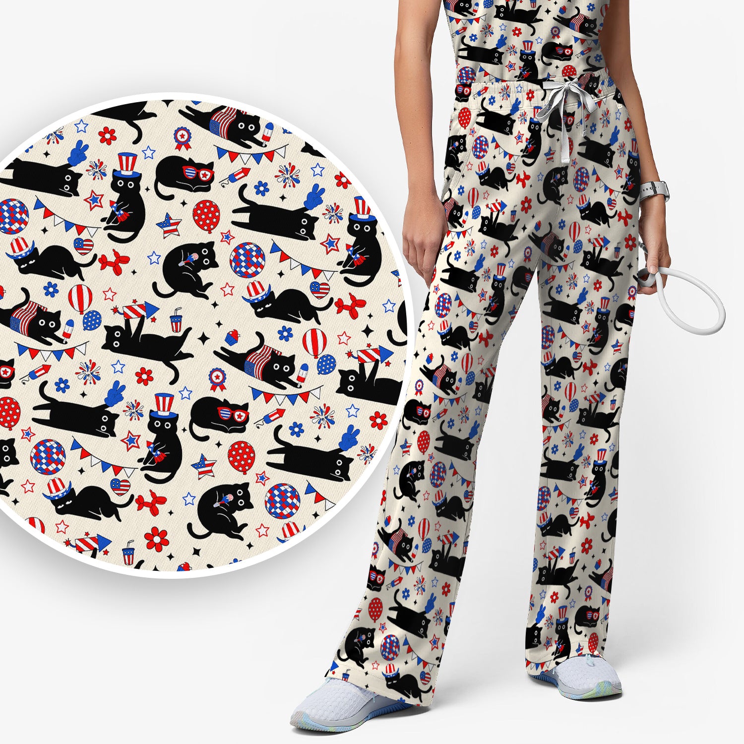 Patriotic Black Cat Nurse for RN, CNA Scrub Set, Scrub Pants and V Neck Top
