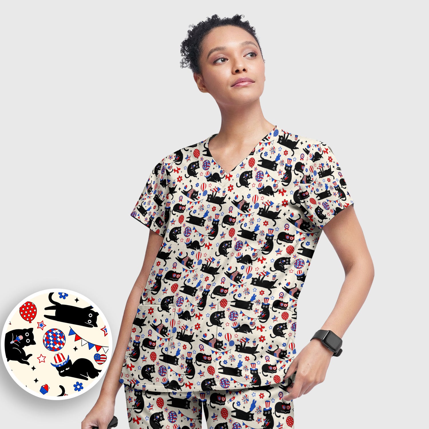 Patriotic Black Cat Nurse for RN, CNA Scrub Set, Scrub Pants and V Neck Top