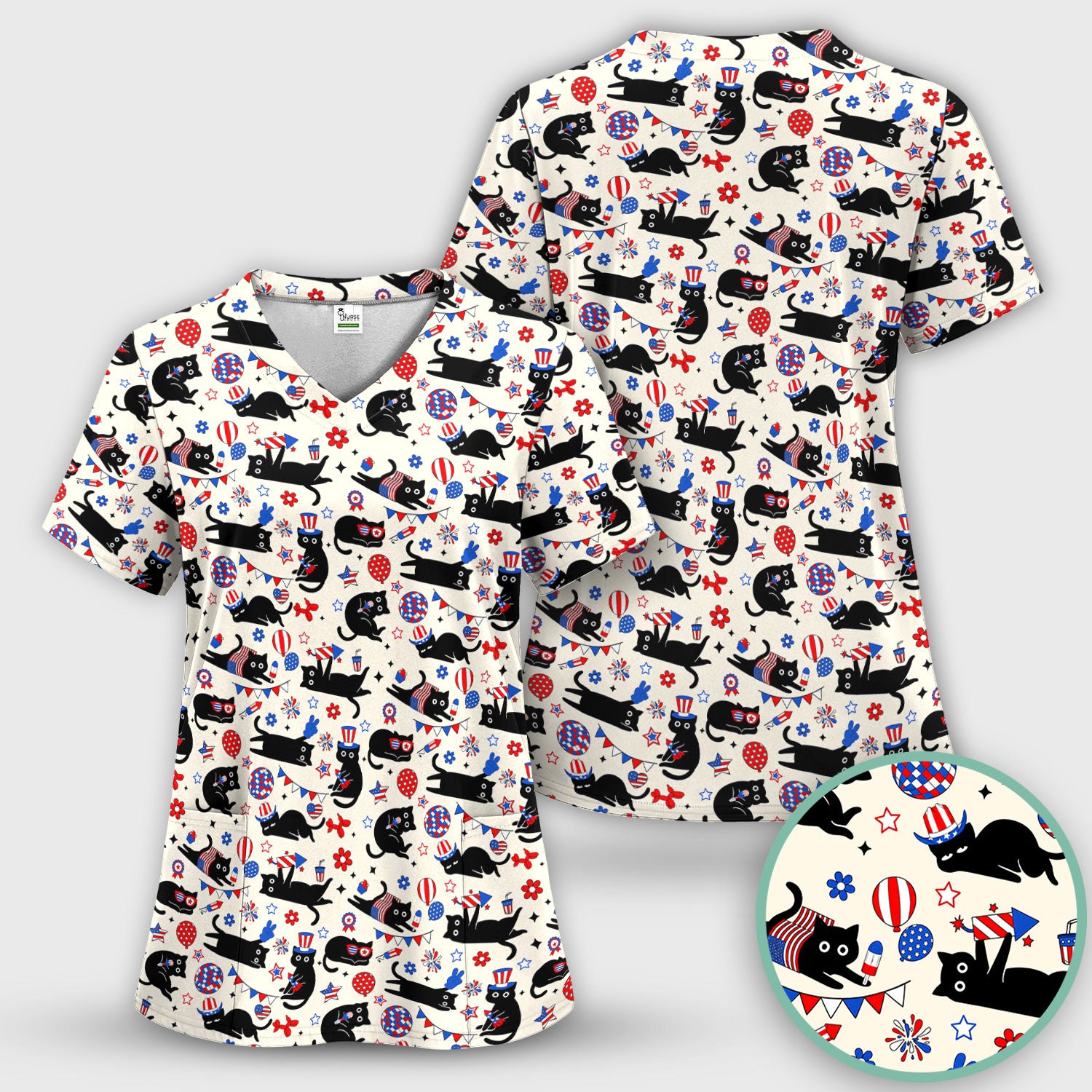 Patriotic Black Cat Nurse for RN, CNA Scrub Set, Scrub Pants and V Neck Top