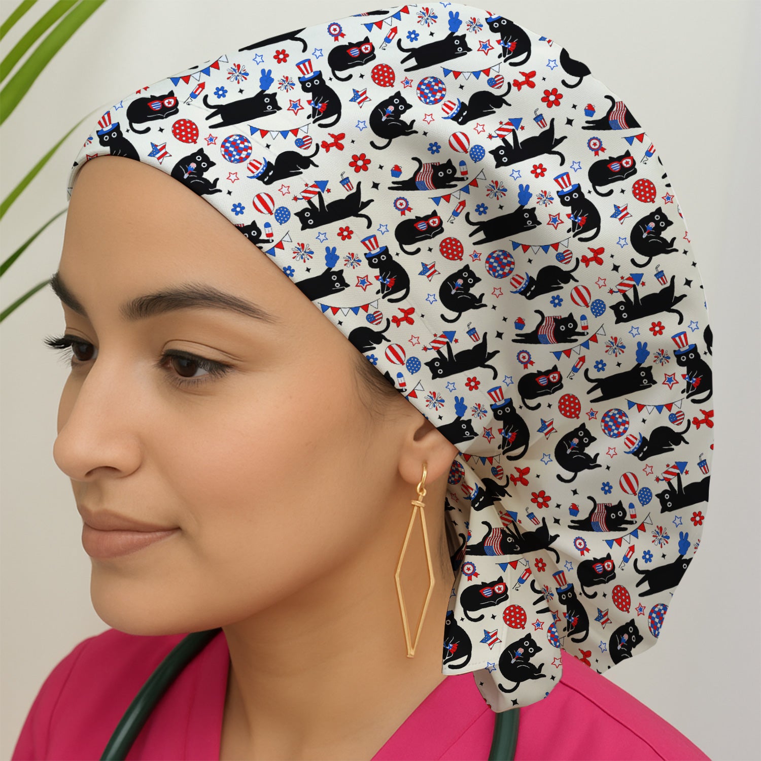 Patriotic Black Cat Nurse for RN, CNA Scrub Cap, Surgical Caps for Doctors