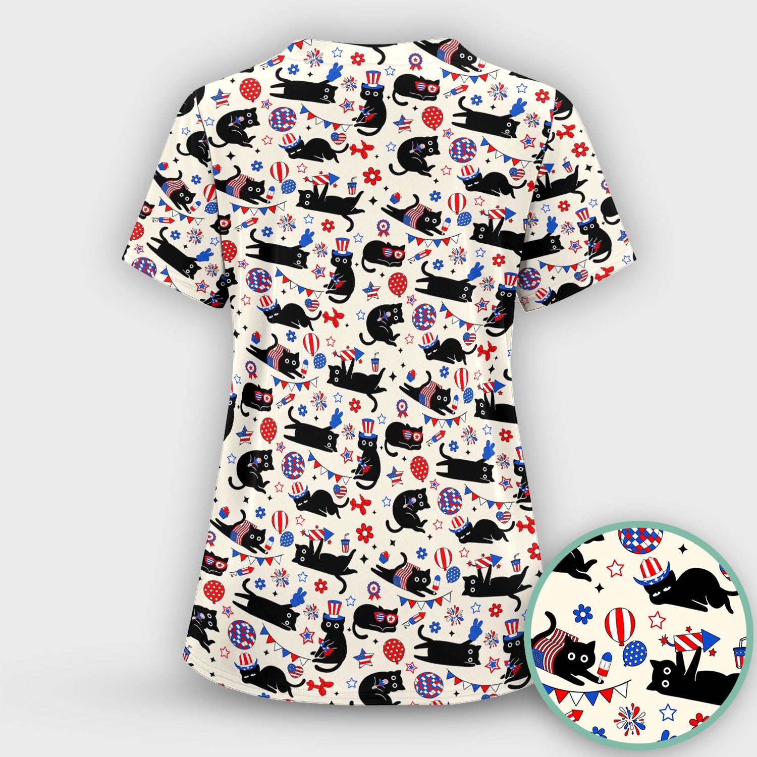 Patriotic Black Cat Nurse for RN, CNA Scrub Set, Scrub Pants and V Neck Top