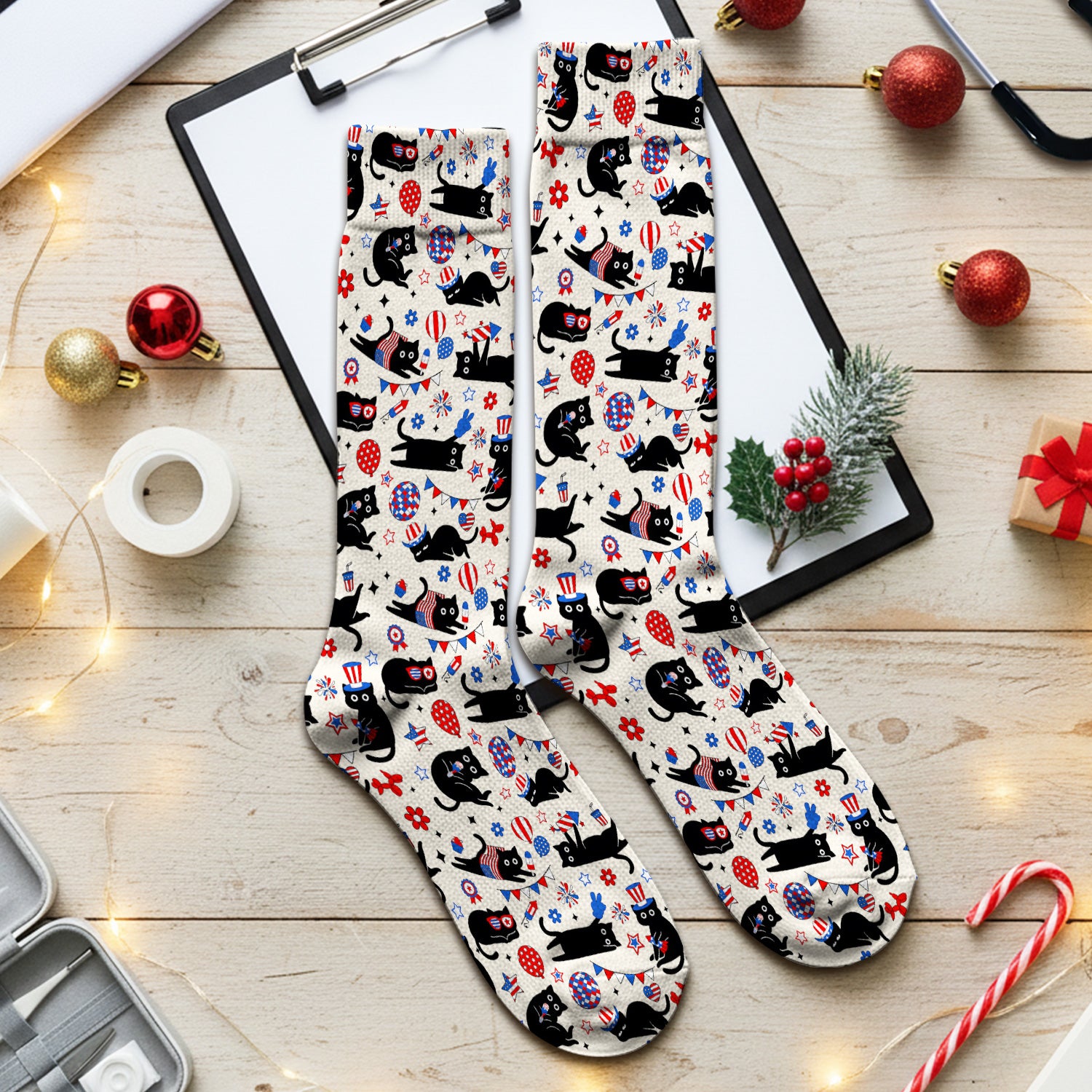 Patriotic Black Cat Nurse for RN, CNA Socks, Adult Socks for Men and Women