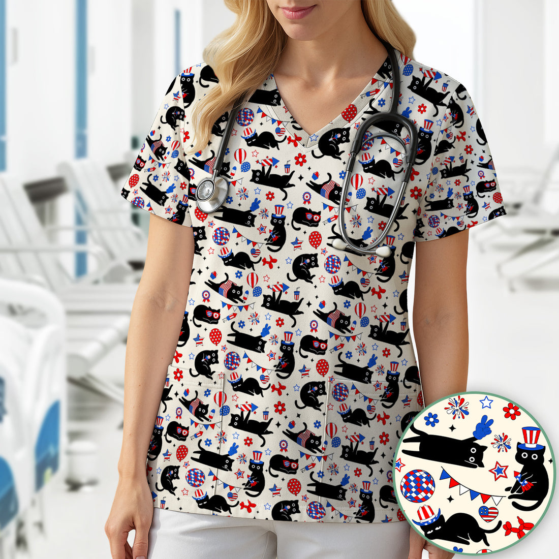 Patriotic Black Cat Nurse for RN, CNA Scrub Top, Comfortable Scrubs for Nurses