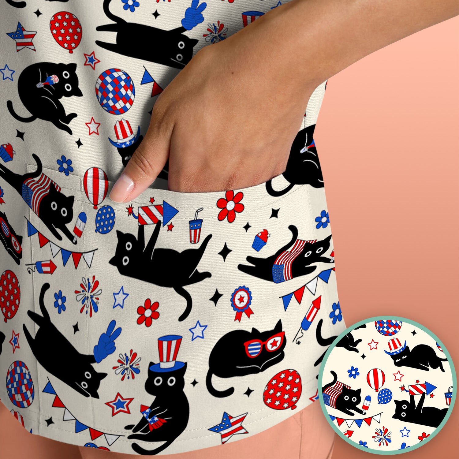 Patriotic Black Cat Nurse for RN, CNA Scrub Top, Comfortable Scrubs for Nurses