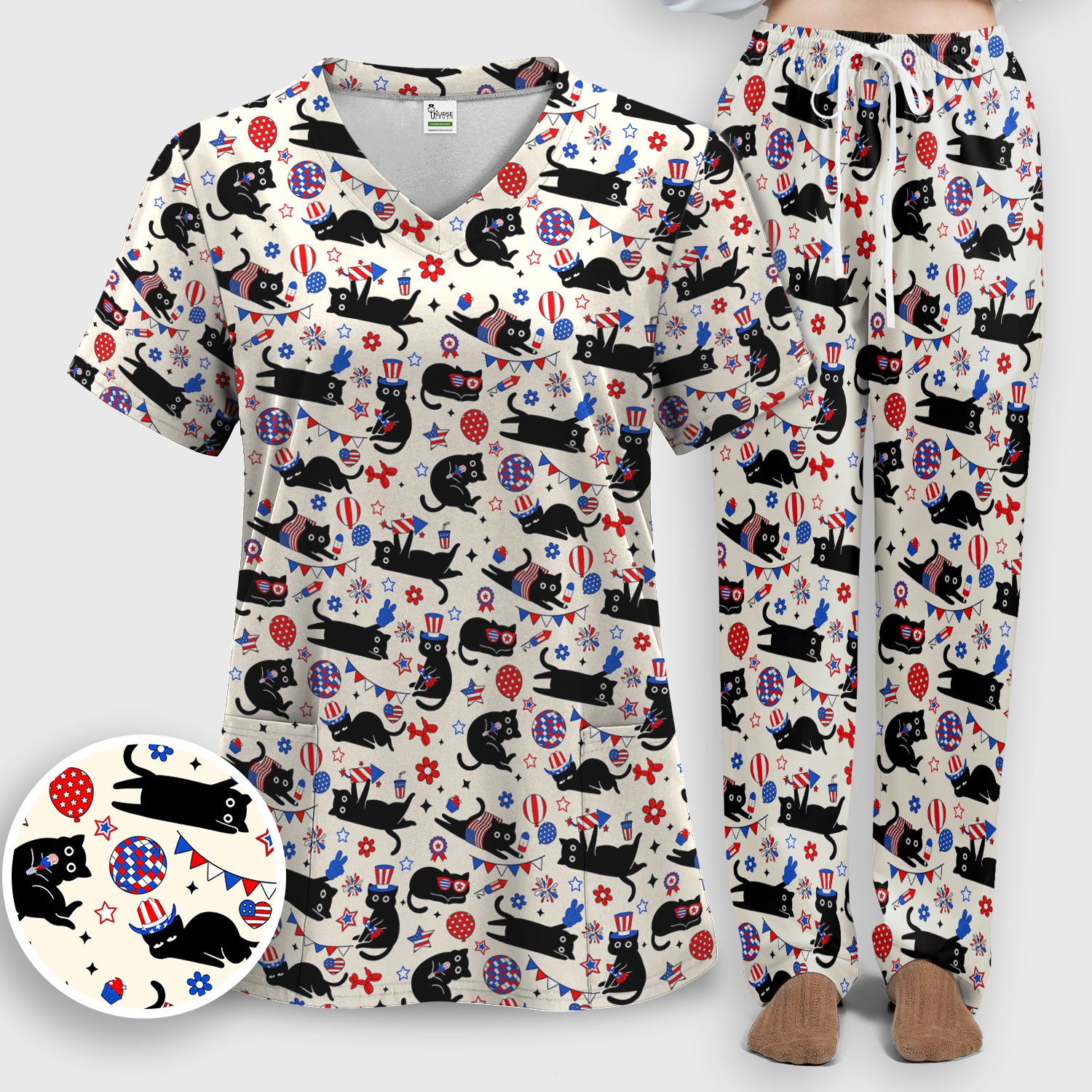 Patriotic Black Cat Nurse for RN, CNA Scrub Set, Scrub Pants and V Neck Top