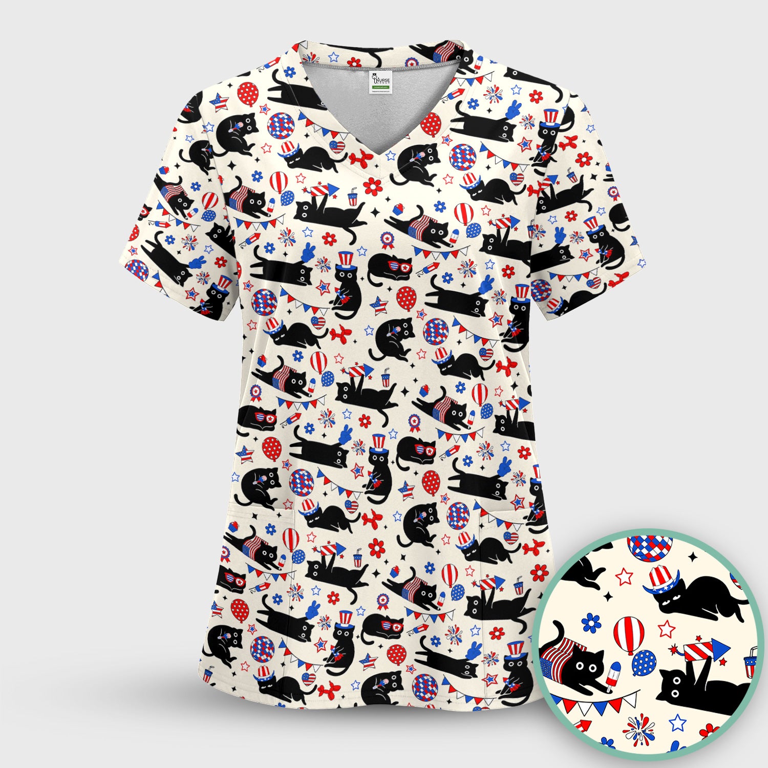 Patriotic Black Cat Nurse for RN, CNA Scrub Set, Scrub Pants and V Neck Top
