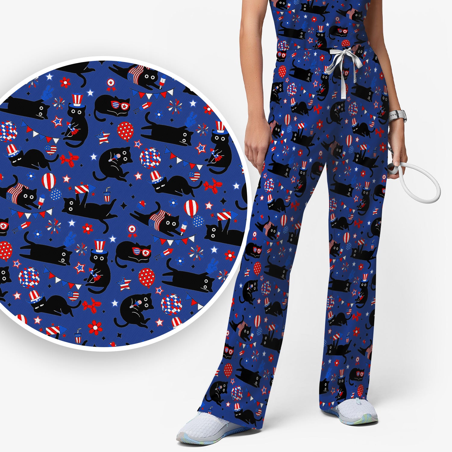 Patriotic Black Cat Nurse for RN, CNA Scrub Set, Scrub Pants and V Neck Top