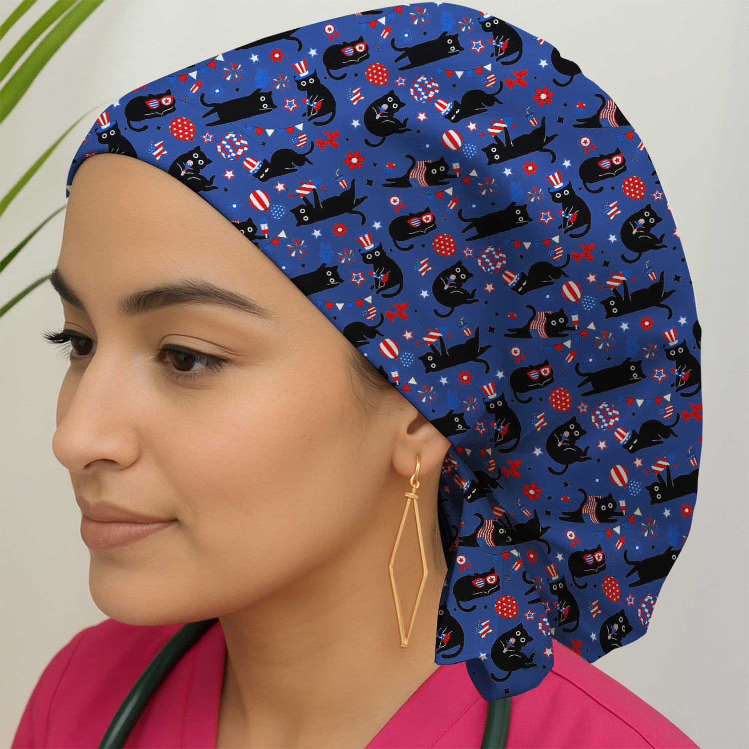 Patriotic Black Cat Nurse for RN, CNA Scrub Cap, Surgical Caps for Doctors