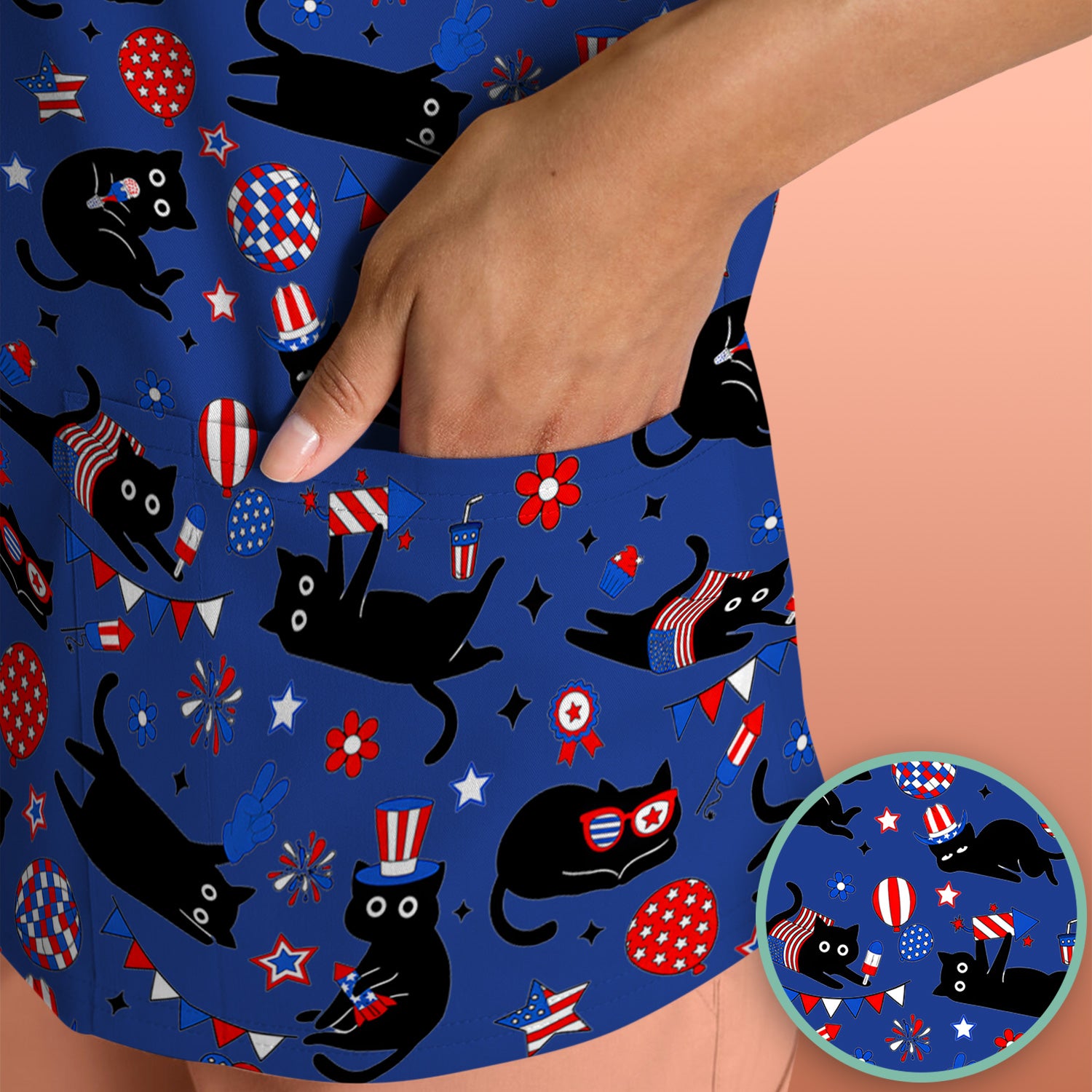 Patriotic Black Cat Nurse for RN, CNA Scrub Top, Comfortable Scrubs for Nurses
