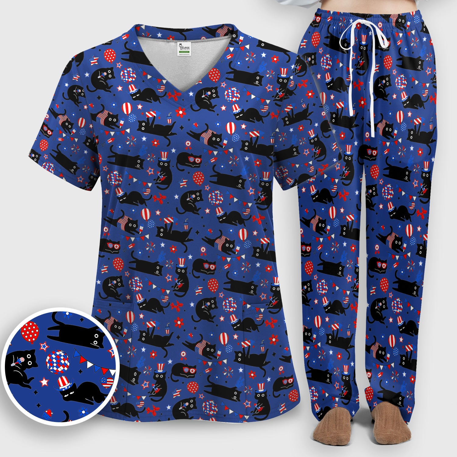 Patriotic Black Cat Nurse for RN, CNA Scrub Set, Scrub Pants and V Neck Top