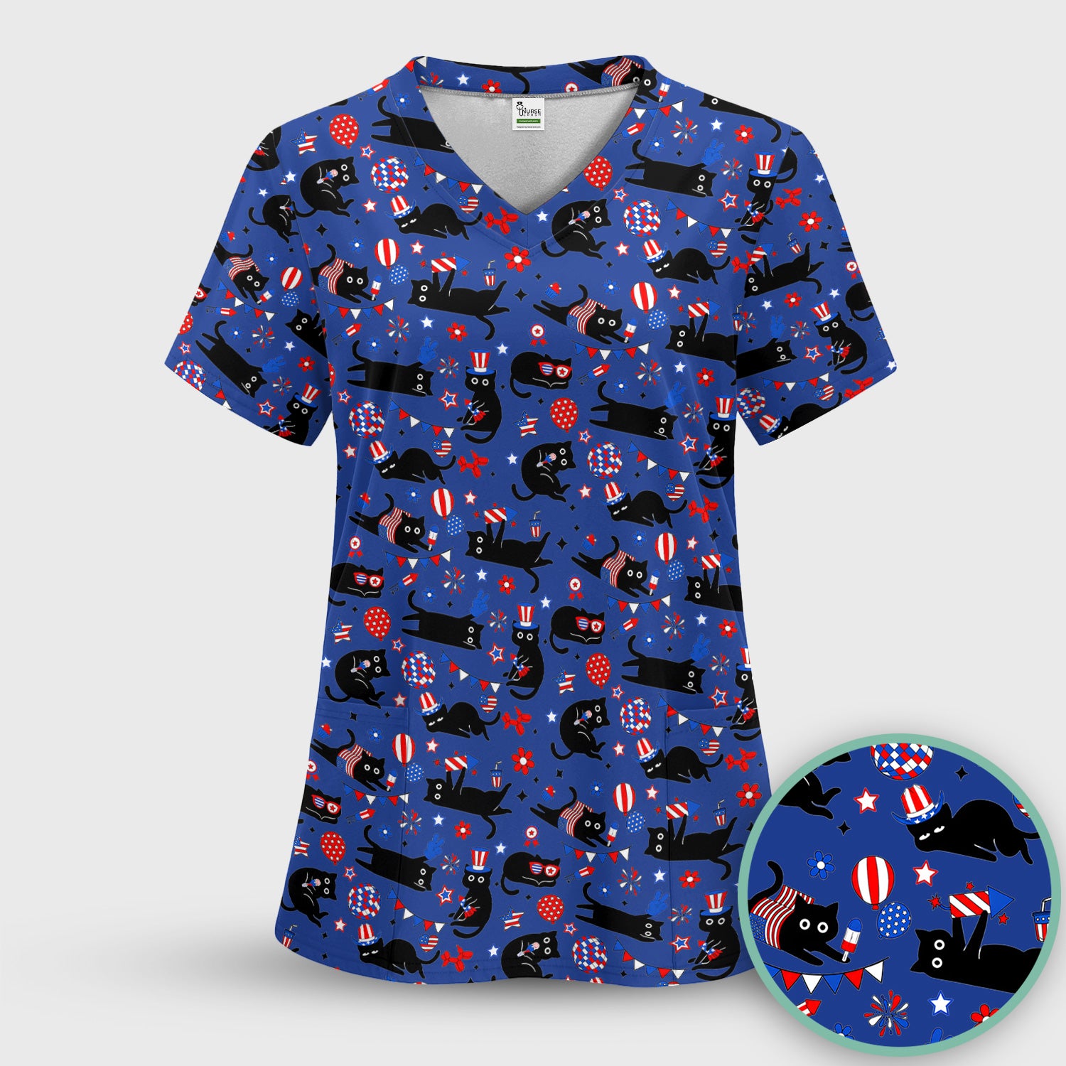 Patriotic Black Cat Nurse for RN, CNA Scrub Set, Scrub Pants and V Neck Top