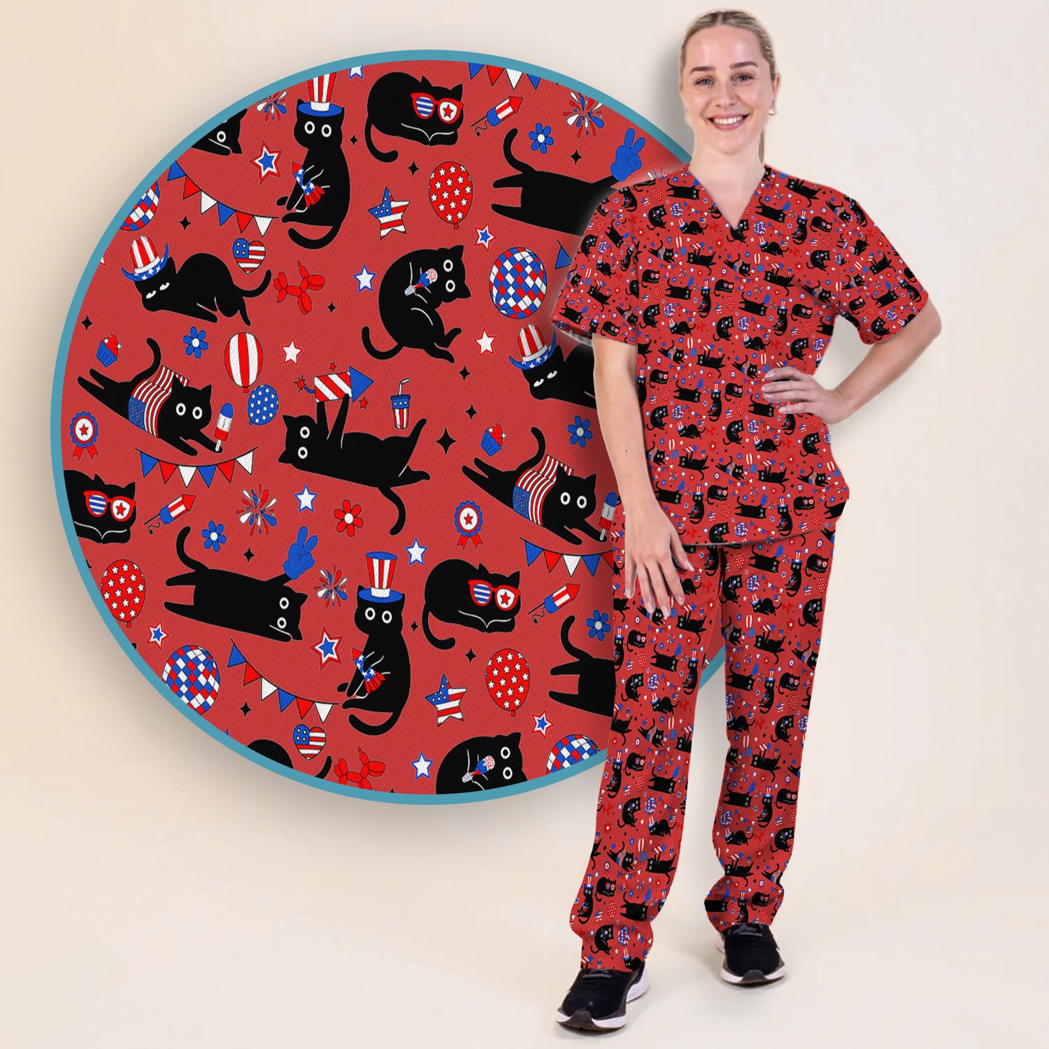 Patriotic Black Cat Nurse for RN, CNA Scrub Set, Scrub Pants and V Neck Top