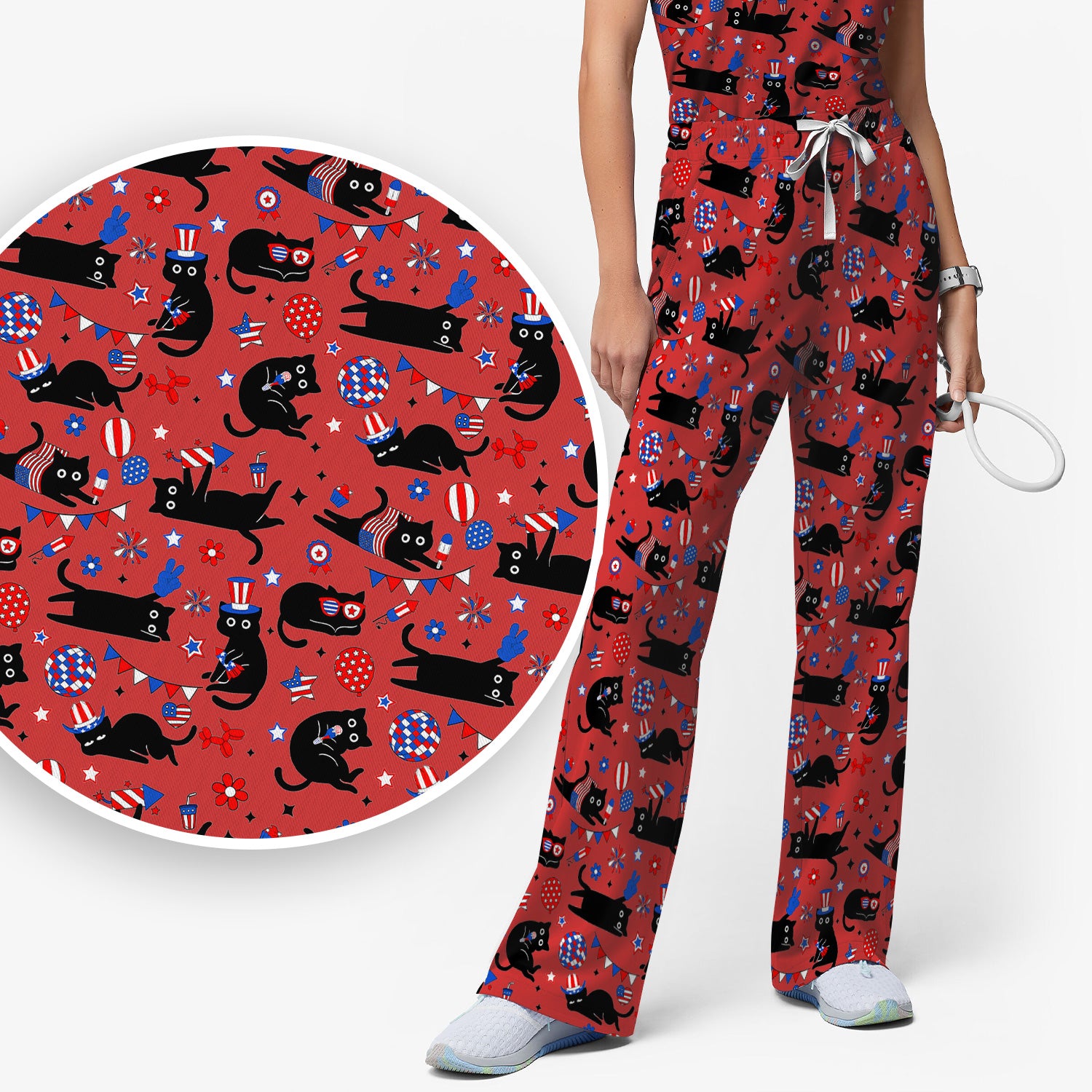 Patriotic Black Cat Nurse for RN, CNA Scrub Set, Scrub Pants and V Neck Top
