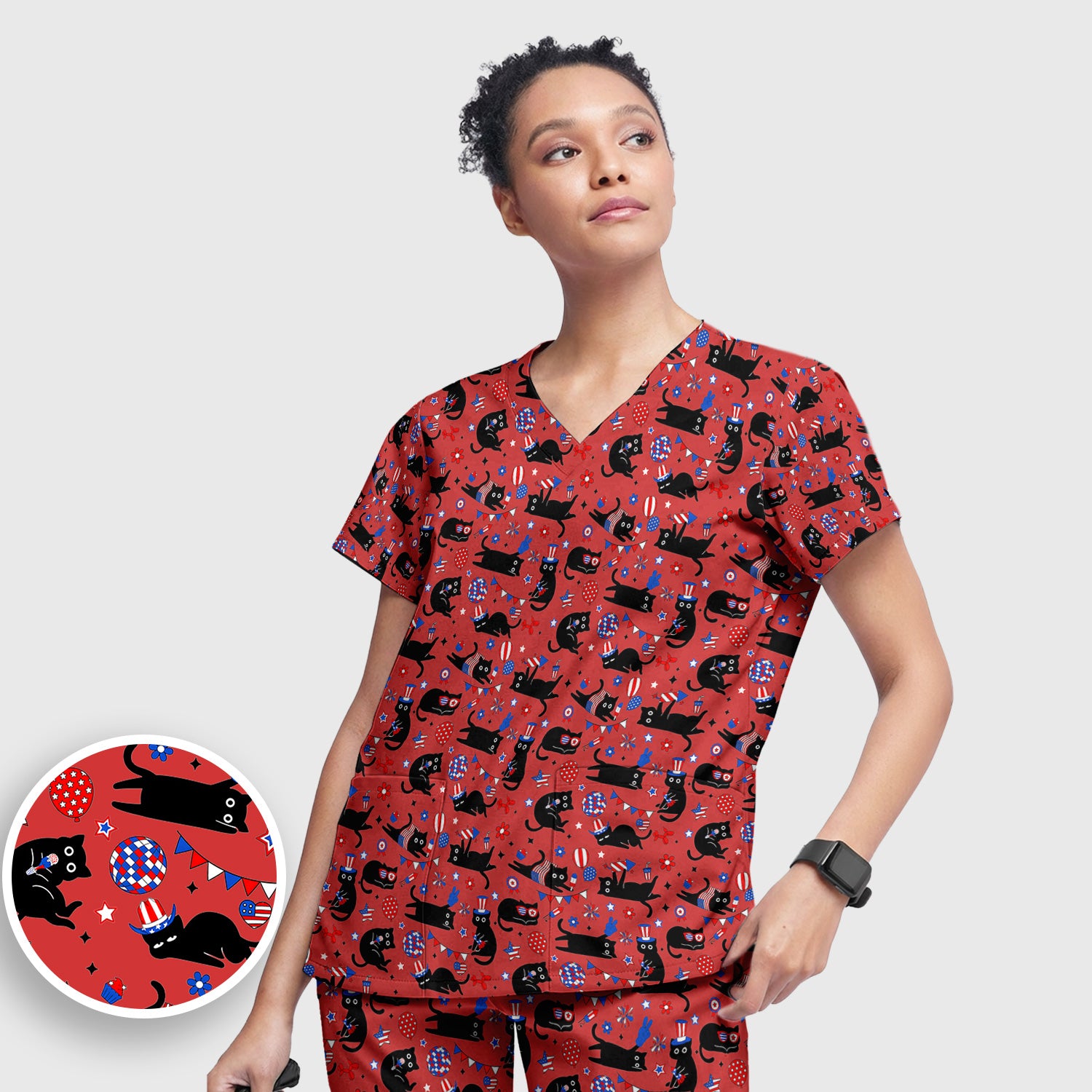 Patriotic Black Cat Nurse for RN, CNA Scrub Set, Scrub Pants and V Neck Top