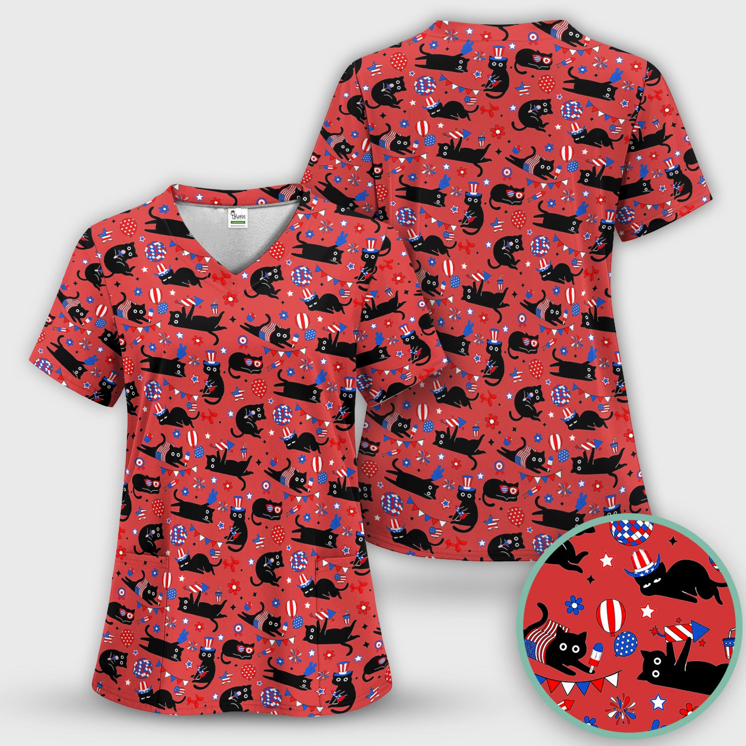 Patriotic Black Cat Nurse for RN, CNA Scrub Set, Scrub Pants and V Neck Top