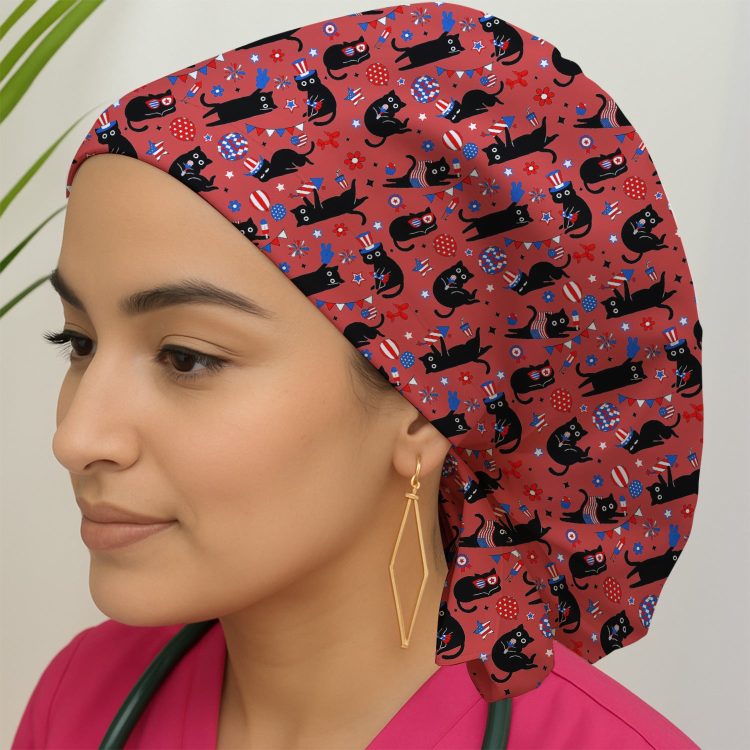 Patriotic Black Cat Nurse for RN, CNA Scrub Cap, Surgical Caps for Doctors