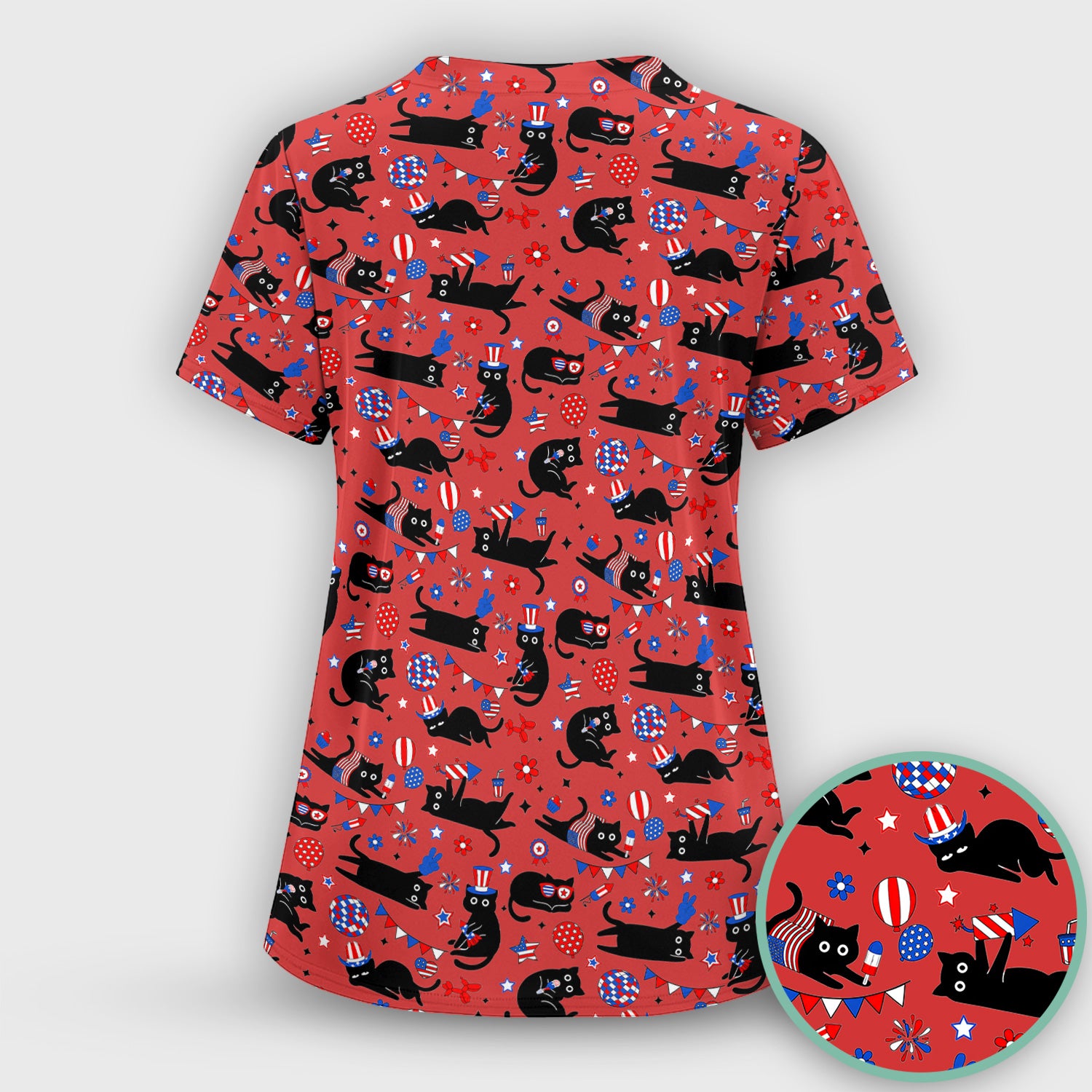 Patriotic Black Cat Nurse for RN, CNA Scrub Set, Scrub Pants and V Neck Top