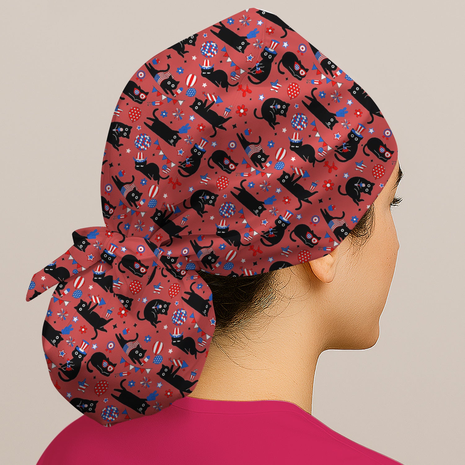 Patriotic Black Cat Nurse for RN, CNA Scrub Cap, Surgical Caps for Doctors
