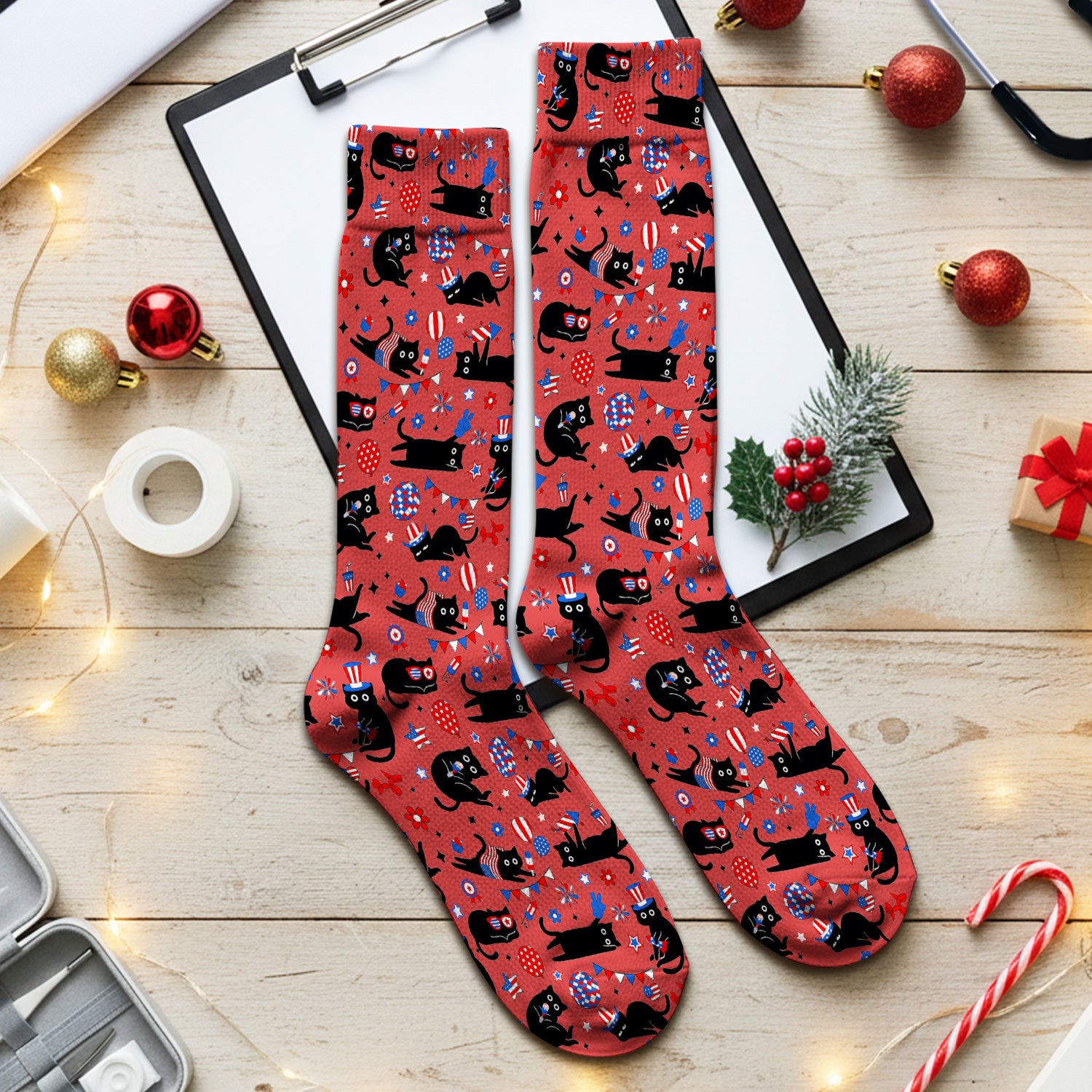 Patriotic Black Cat Nurse for RN, CNA Socks, Adult Socks for Men and Women