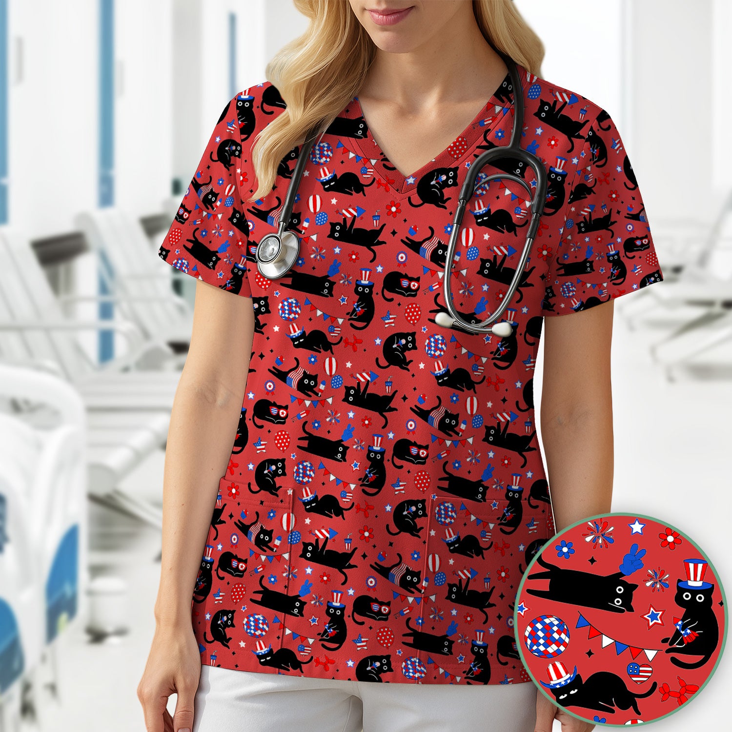 Patriotic Black Cat Nurse for RN, CNA Scrub Top, Comfortable Scrubs for Nurses