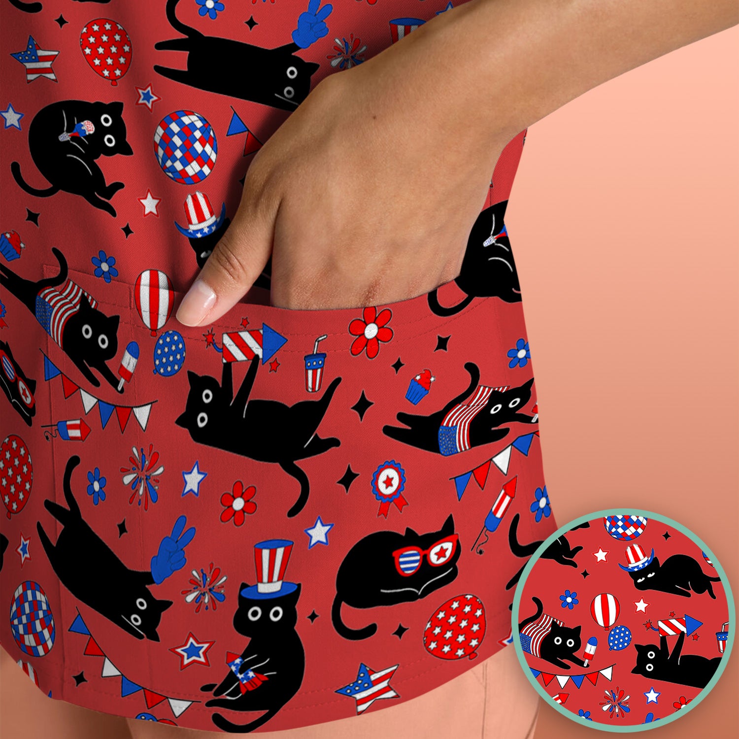 Patriotic Black Cat Nurse for RN, CNA Scrub Top, Comfortable Scrubs for Nurses