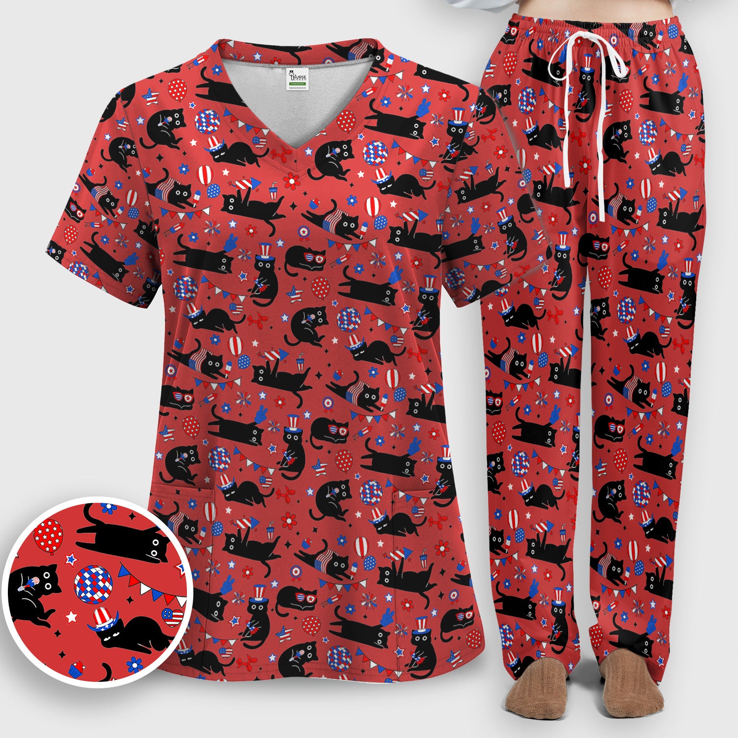 Patriotic Black Cat Nurse for RN, CNA Scrub Set, Scrub Pants and V Neck Top