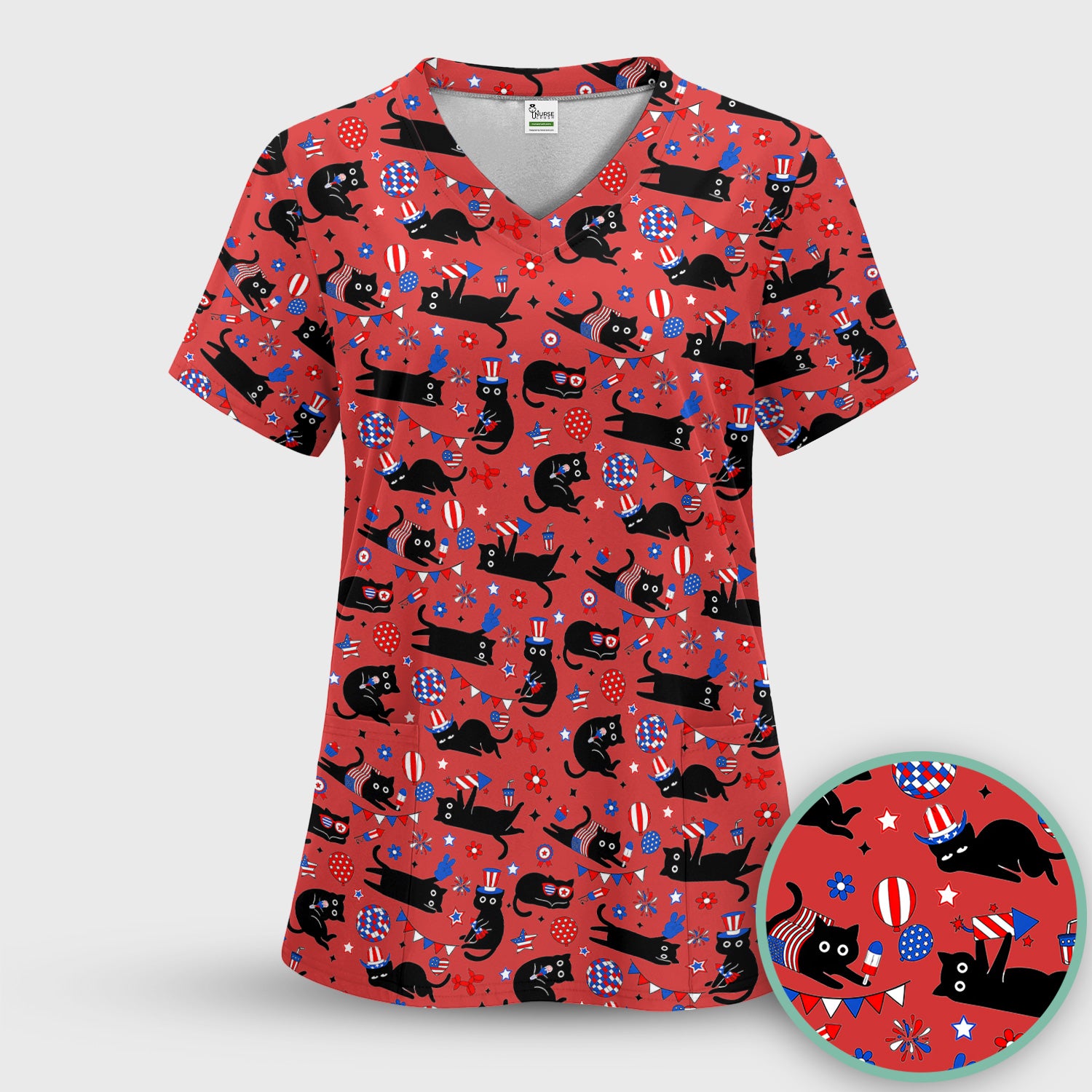 Patriotic Black Cat Nurse for RN, CNA Scrub Set, Scrub Pants and V Neck Top