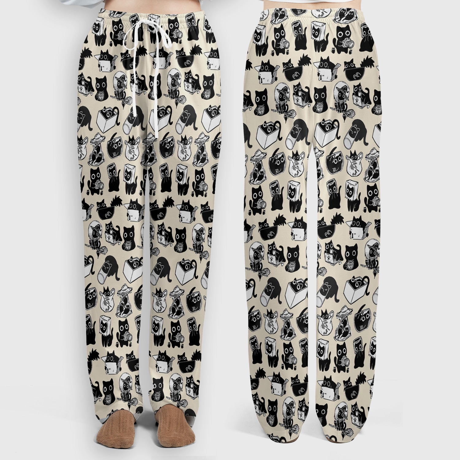 Black Cat Halloween Doodle Pattern Scrub Set, Scrub Pants and V Neck Top