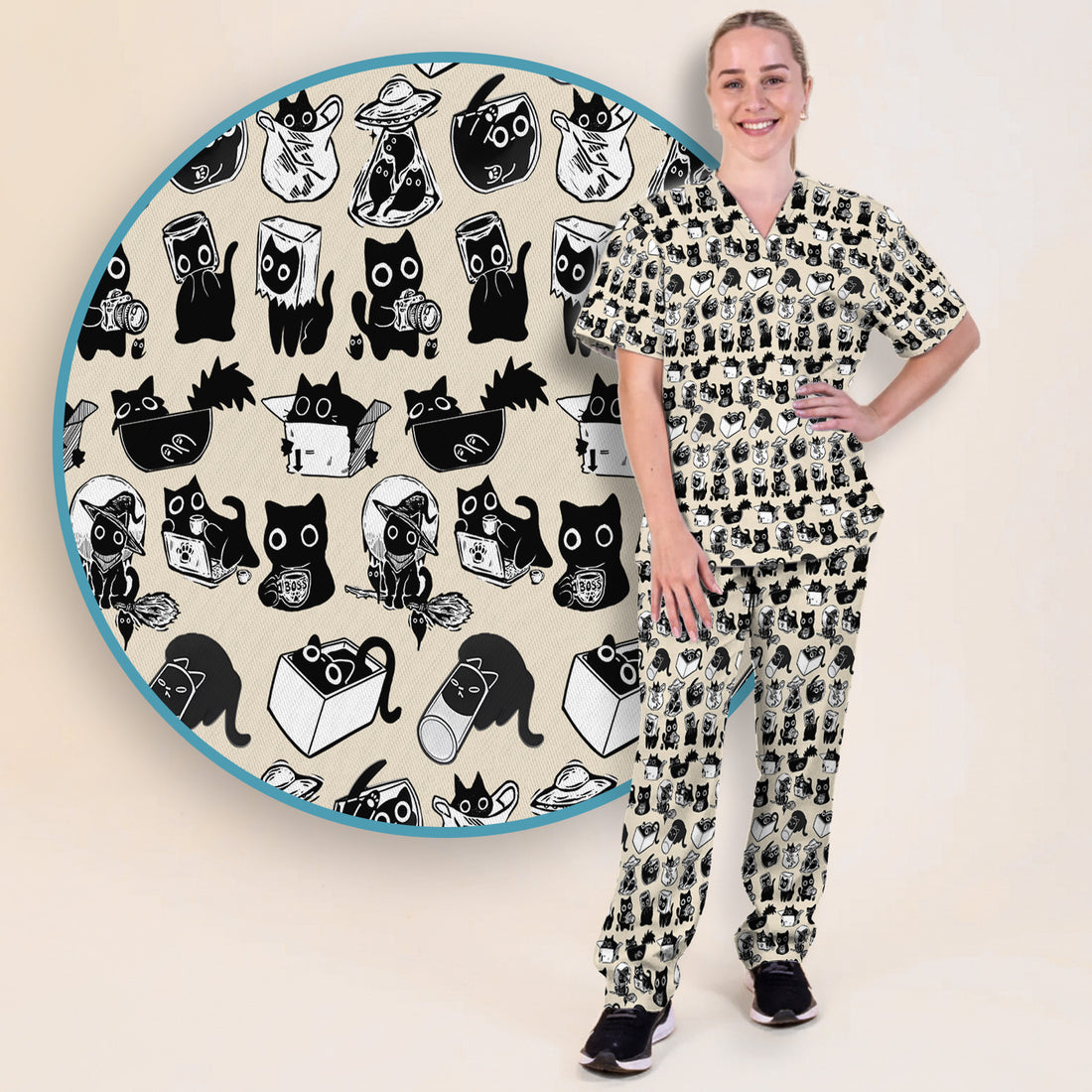 Black Cat Halloween Doodle Pattern Scrub Set, Scrub Pants and V Neck Top