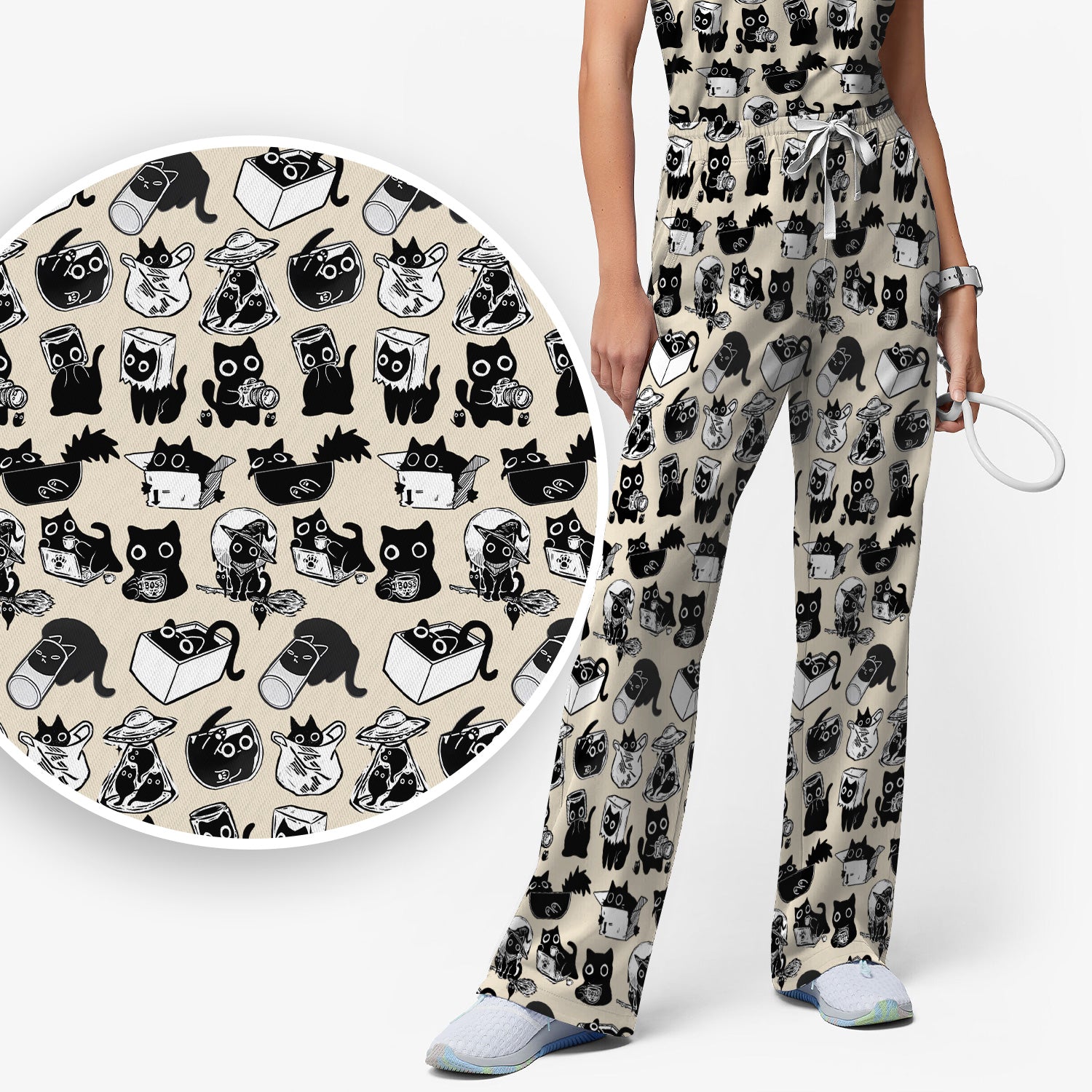 Black Cat Halloween Doodle Pattern Scrub Set, Scrub Pants and V Neck Top