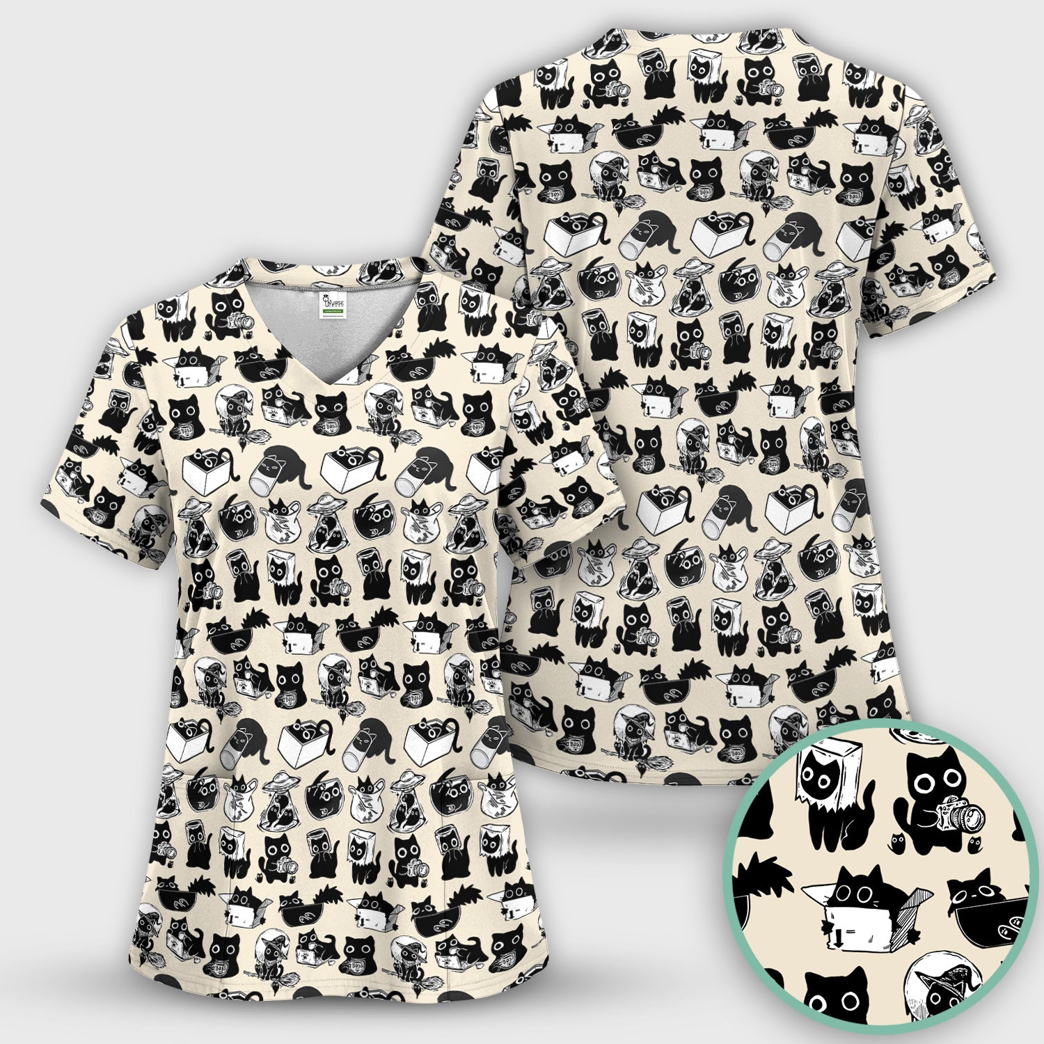 Black Cat Halloween Doodle Pattern Scrub Top, Comfortable Scrubs for Nurses
