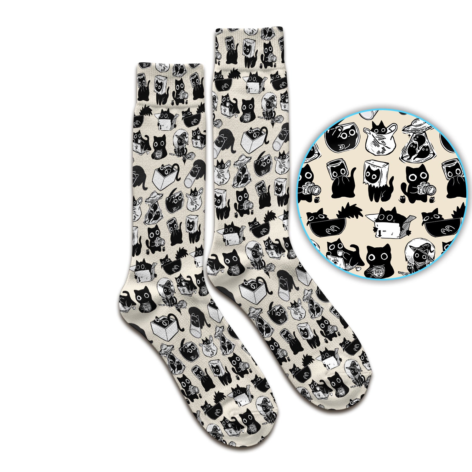 Black Cat Halloween Doodle Pattern Socks, Adult Socks for Men and Women