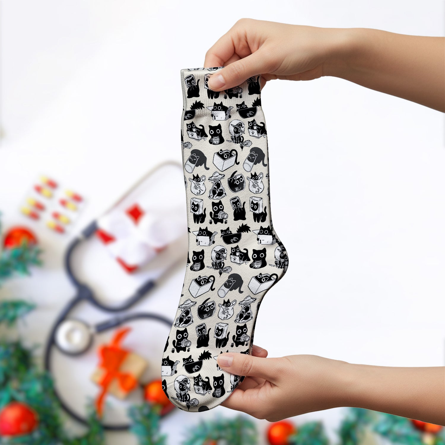 Black Cat Halloween Doodle Pattern Socks, Adult Socks for Men and Women