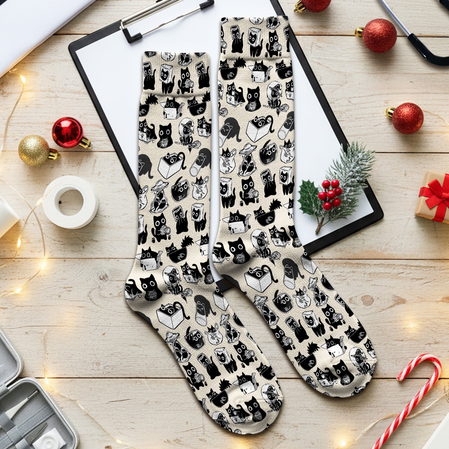 Black Cat Halloween Doodle Pattern Socks, Adult Socks for Men and Women