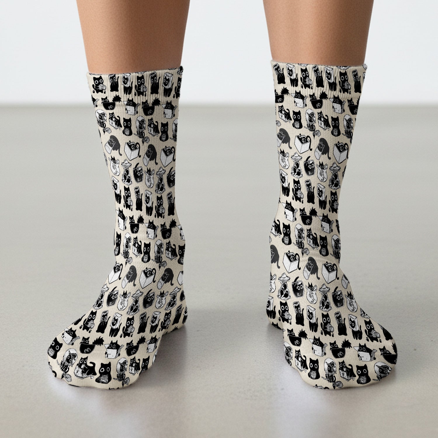 Black Cat Halloween Doodle Pattern Socks, Adult Socks for Men and Women