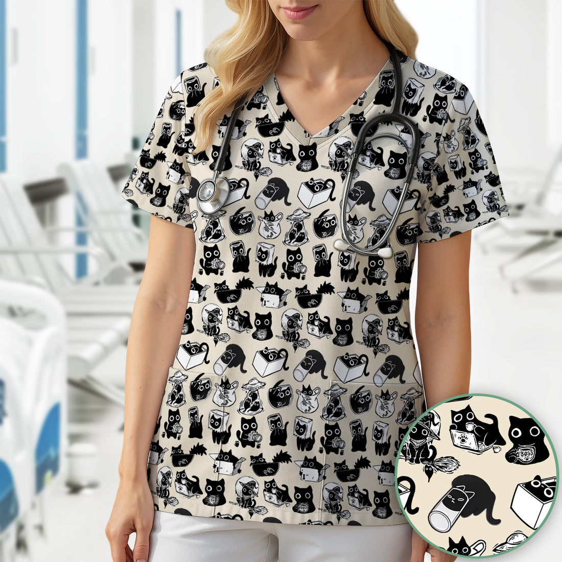 Black Cat Halloween Doodle Pattern Scrub Top, Comfortable Scrubs for Nurses