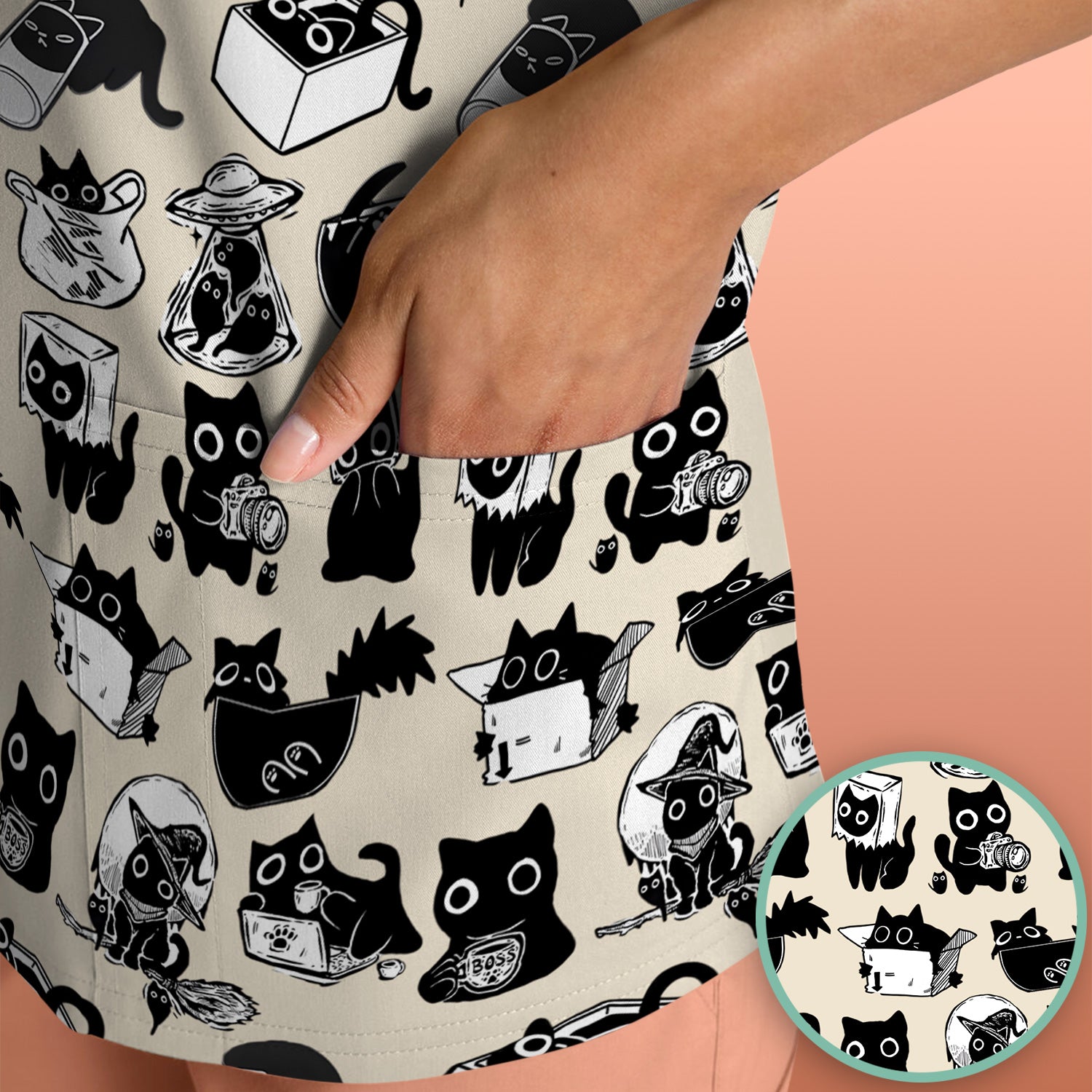 Black Cat Halloween Doodle Pattern Scrub Top, Comfortable Scrubs for Nurses