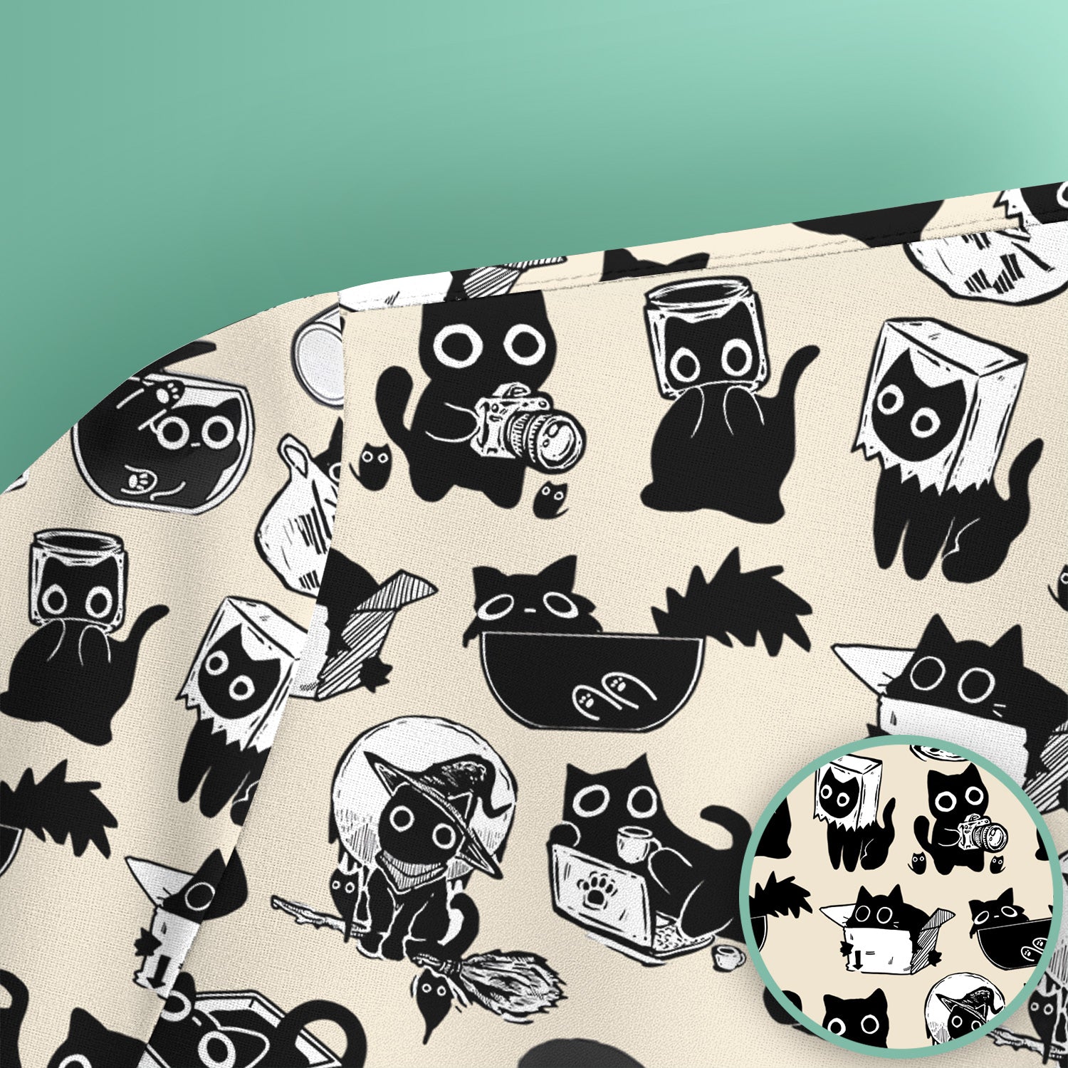 Black Cat Halloween Doodle Pattern Scrub Top, Comfortable Scrubs for Nurses
