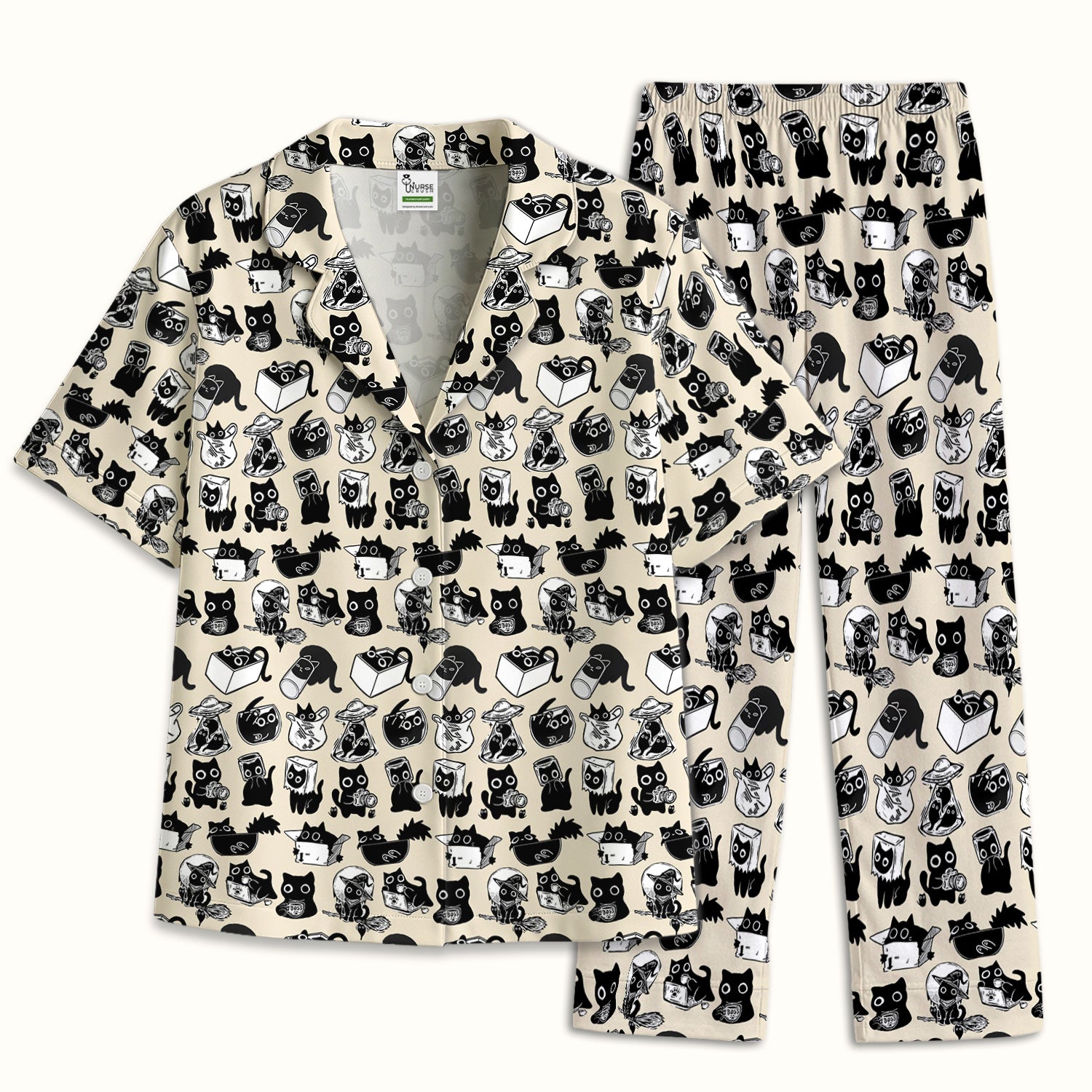 Black Cat Halloween Doodle Pattern Pajama Set, Soft Breathable Fabric Comfortable Sleepwear