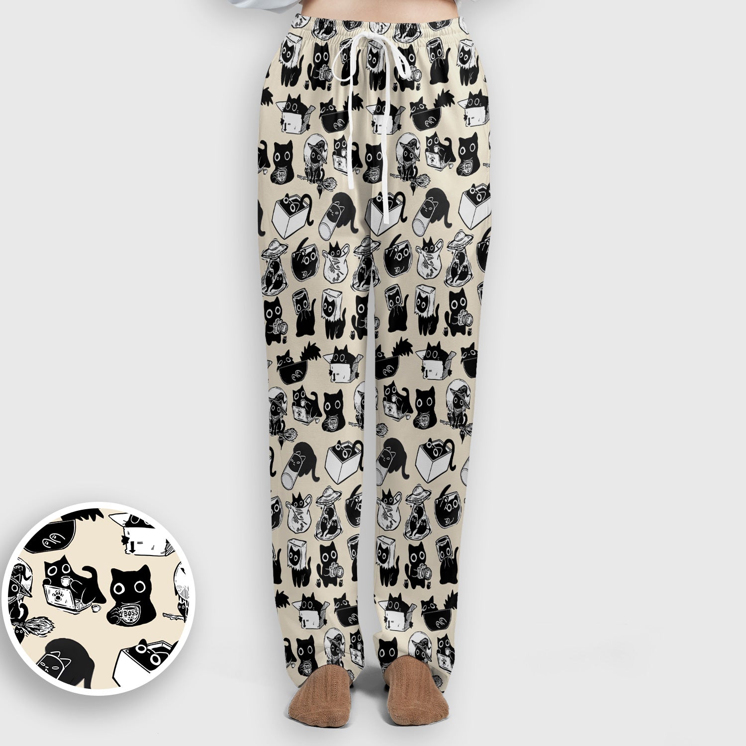 Black Cat Halloween Doodle Pattern Scrub Set, Scrub Pants and V Neck Top