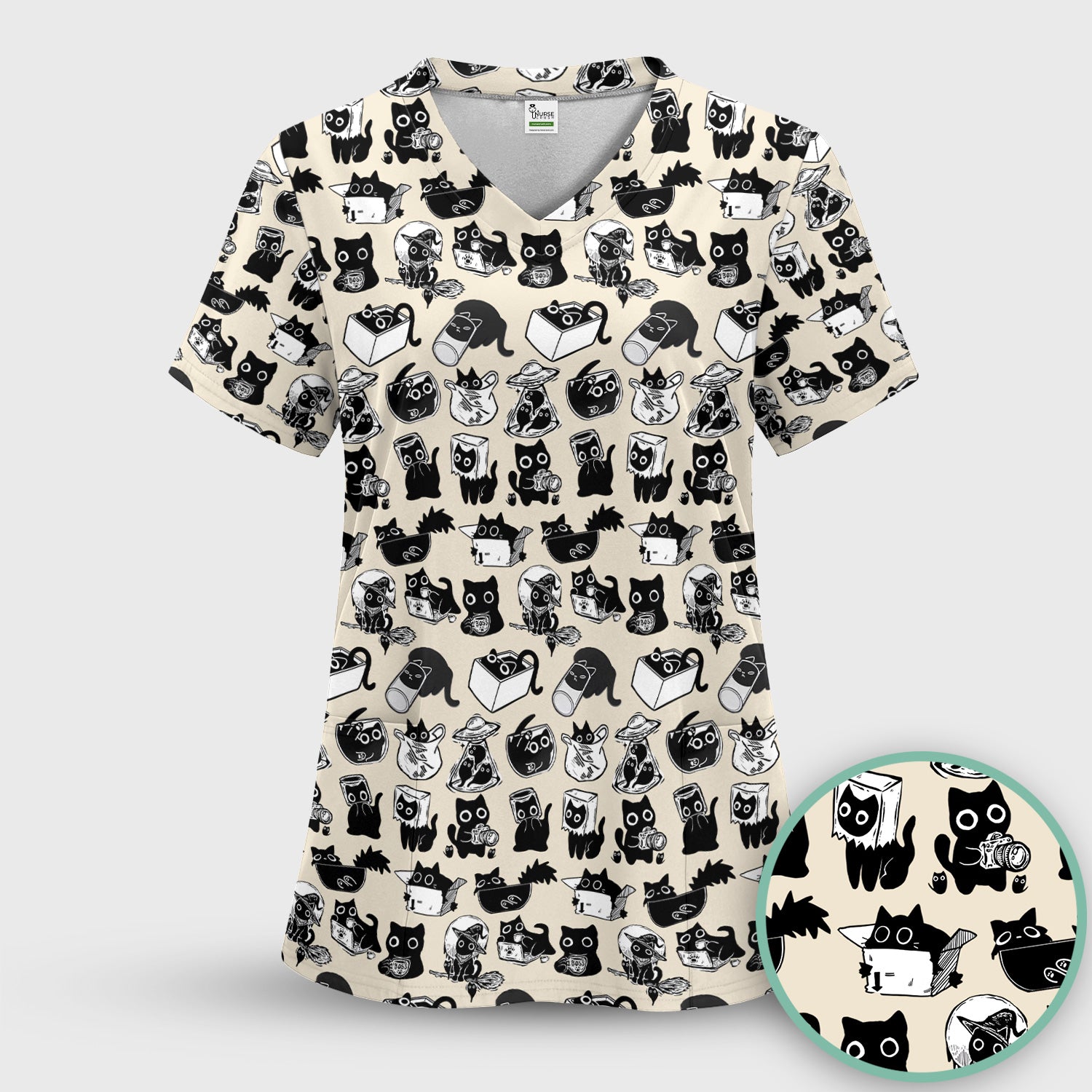 Black Cat Halloween Doodle Pattern Scrub Top, Comfortable Scrubs for Nurses