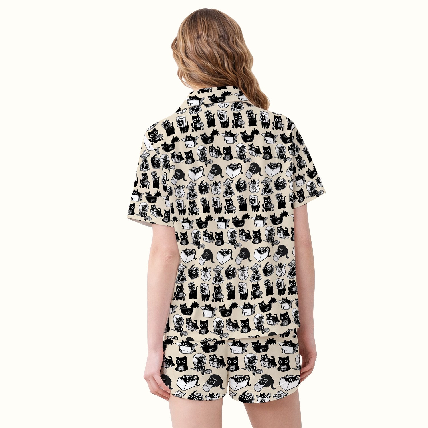 Black Cat Halloween Doodle Pattern Pajama Set, Soft Breathable Fabric Comfortable Sleepwear