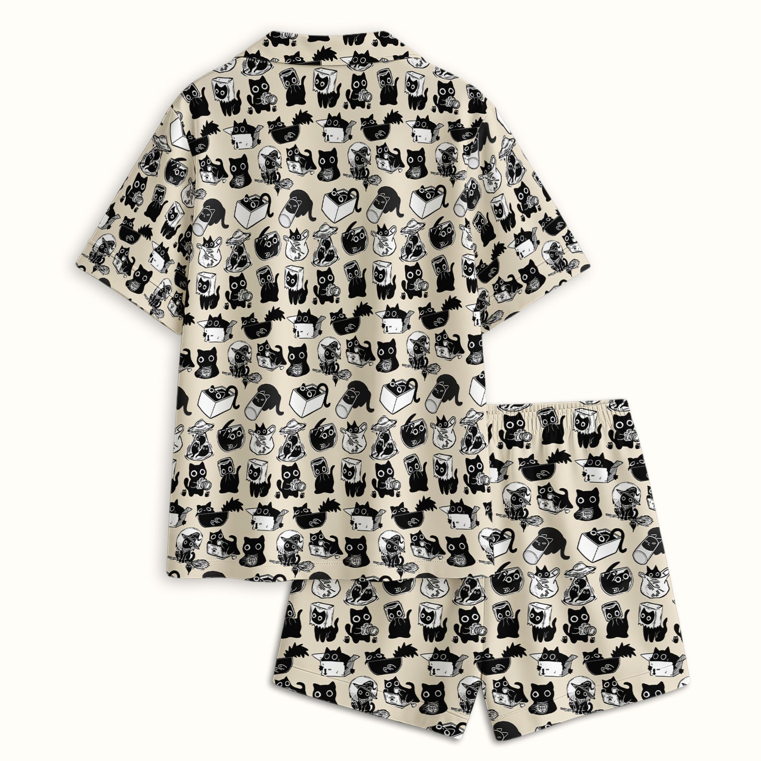 Black Cat Halloween Doodle Pattern Pajama Set, Soft Breathable Fabric Comfortable Sleepwear