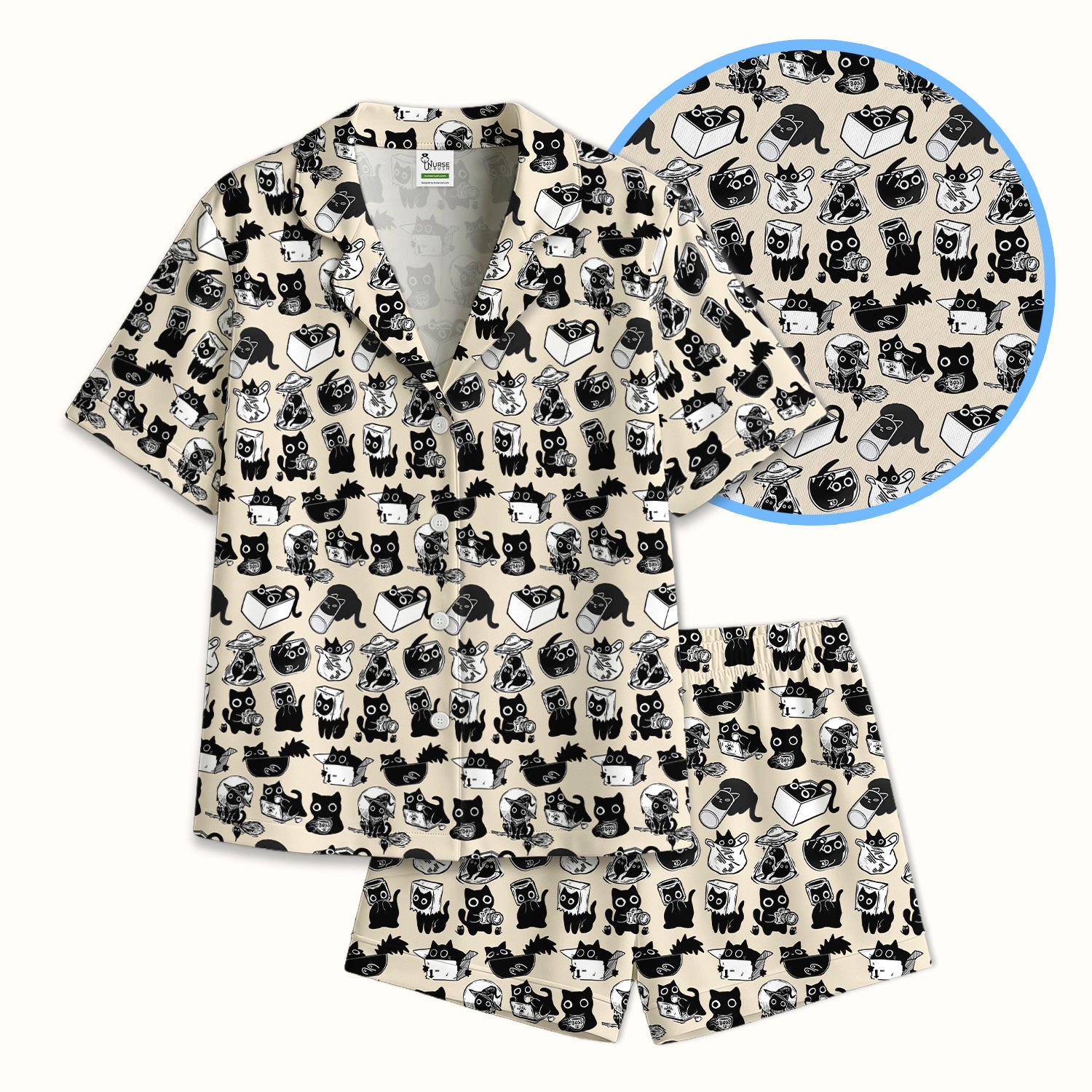 Black Cat Halloween Doodle Pattern Pajama Set, Soft Breathable Fabric Comfortable Sleepwear